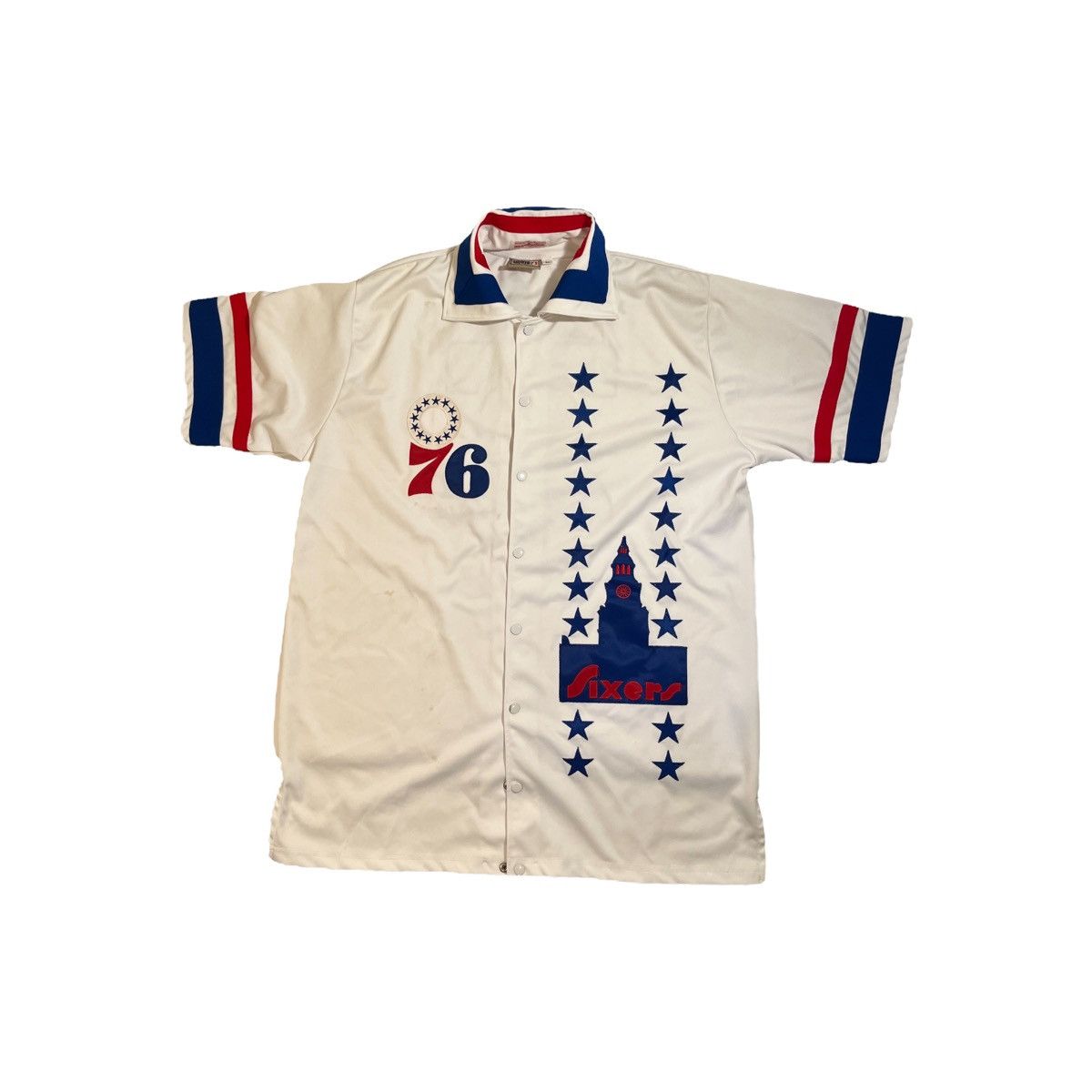 image of Mitchell Ness x NBA Vintage Nba 76Ers Warm Up Jersey in White, Men's (Size 2XL)