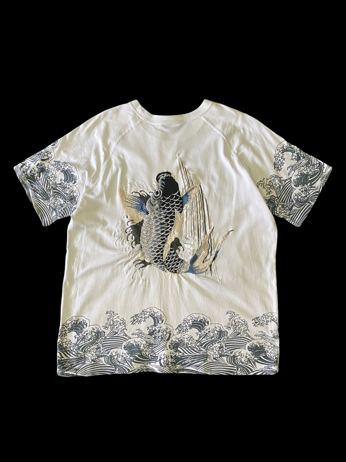 image of Vintage Koi Fish Japanesse Embroidery Logo Sukajan T-Shirt in White, Men's (Size XL)