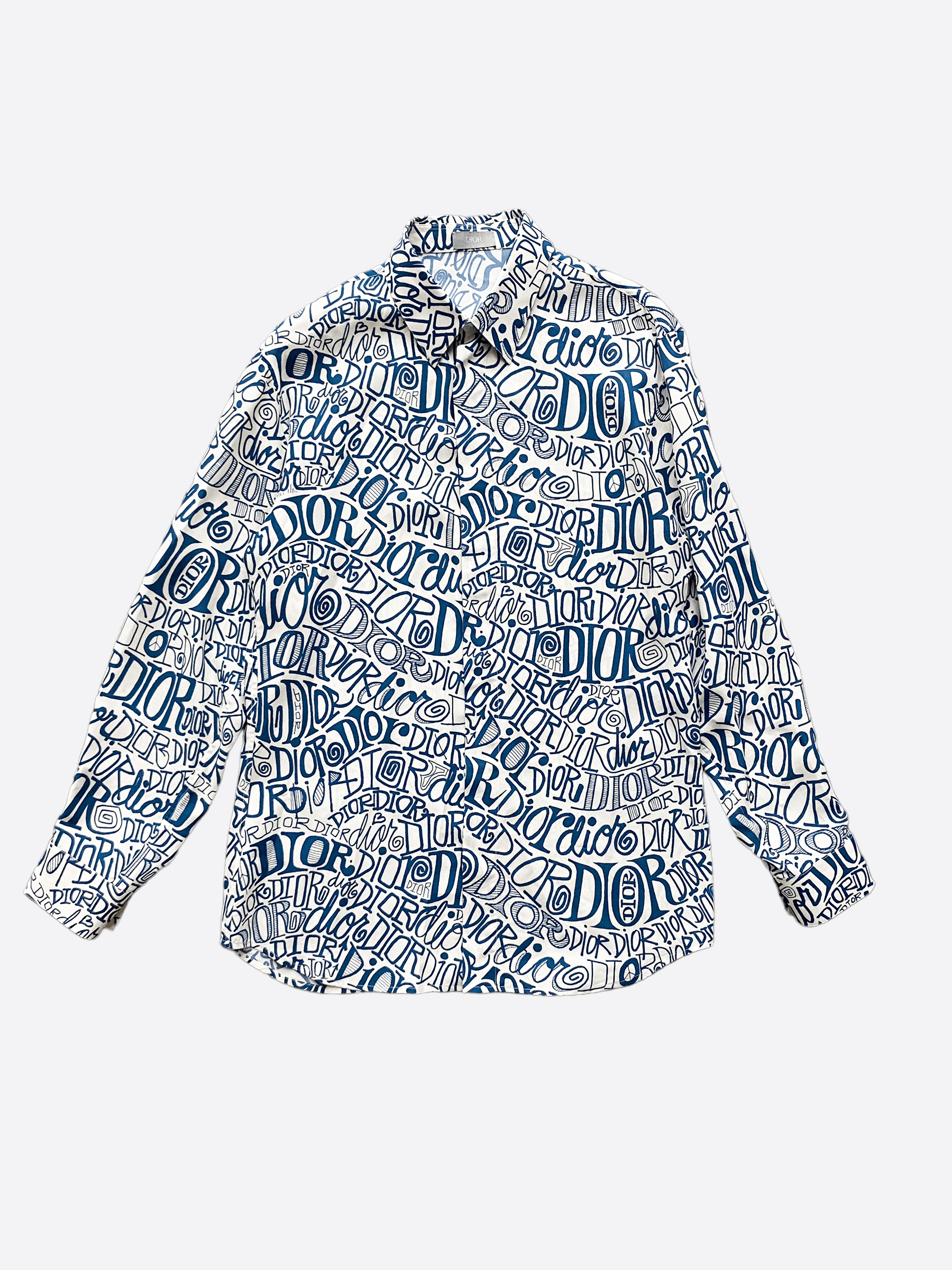 image of Dior Stussy All Over Print Button Up Shirt in Blue, Men's (Size Medium)