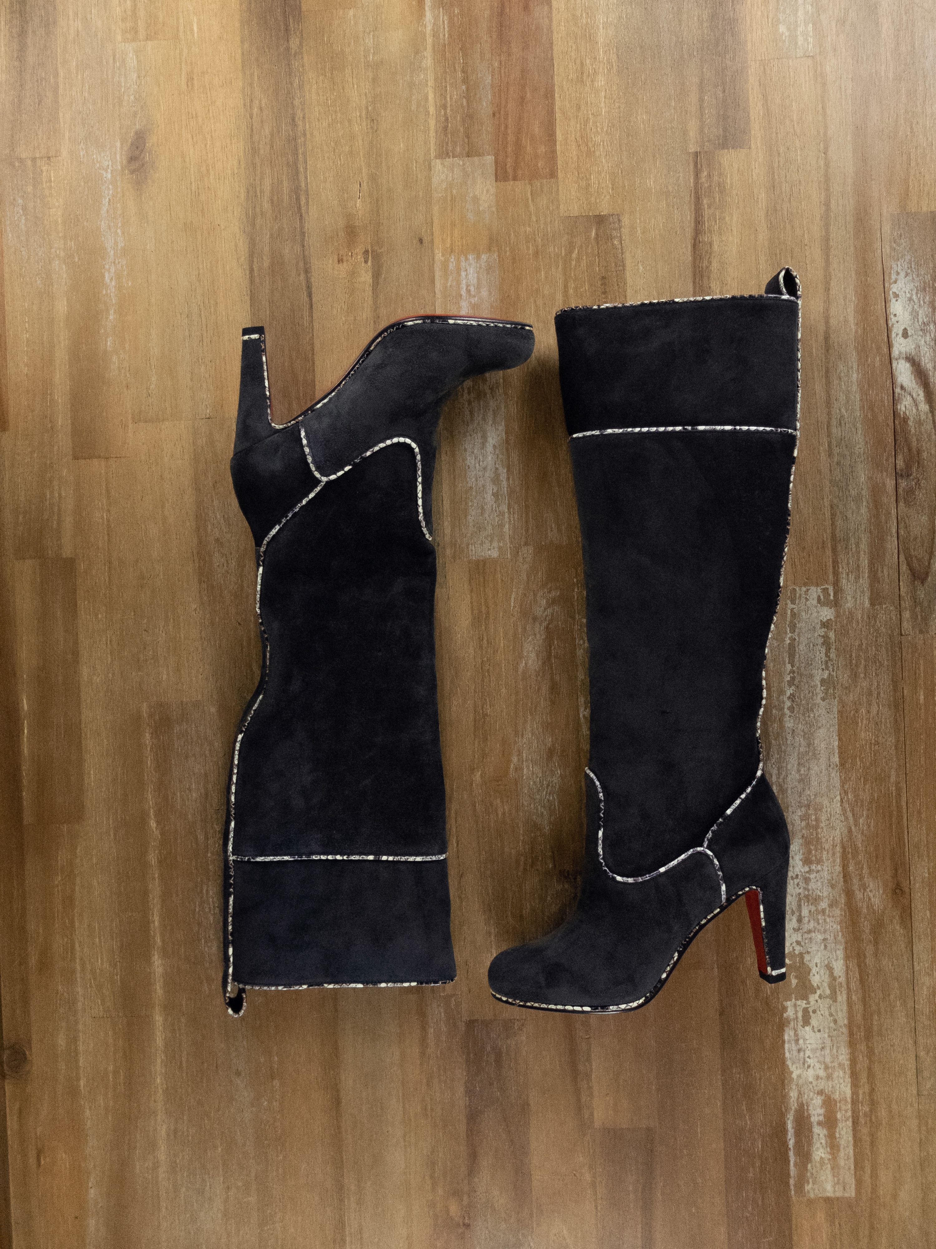 image of Christian Louboutin Louloubotta Gray Black Suede Boots 6 36 in Grey, Women's