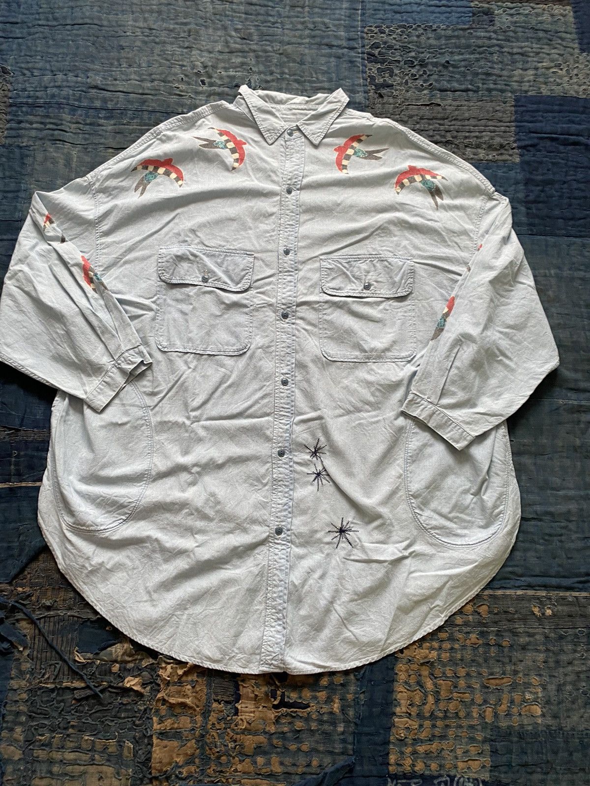 kapital chambray swallow printed slappy shirt