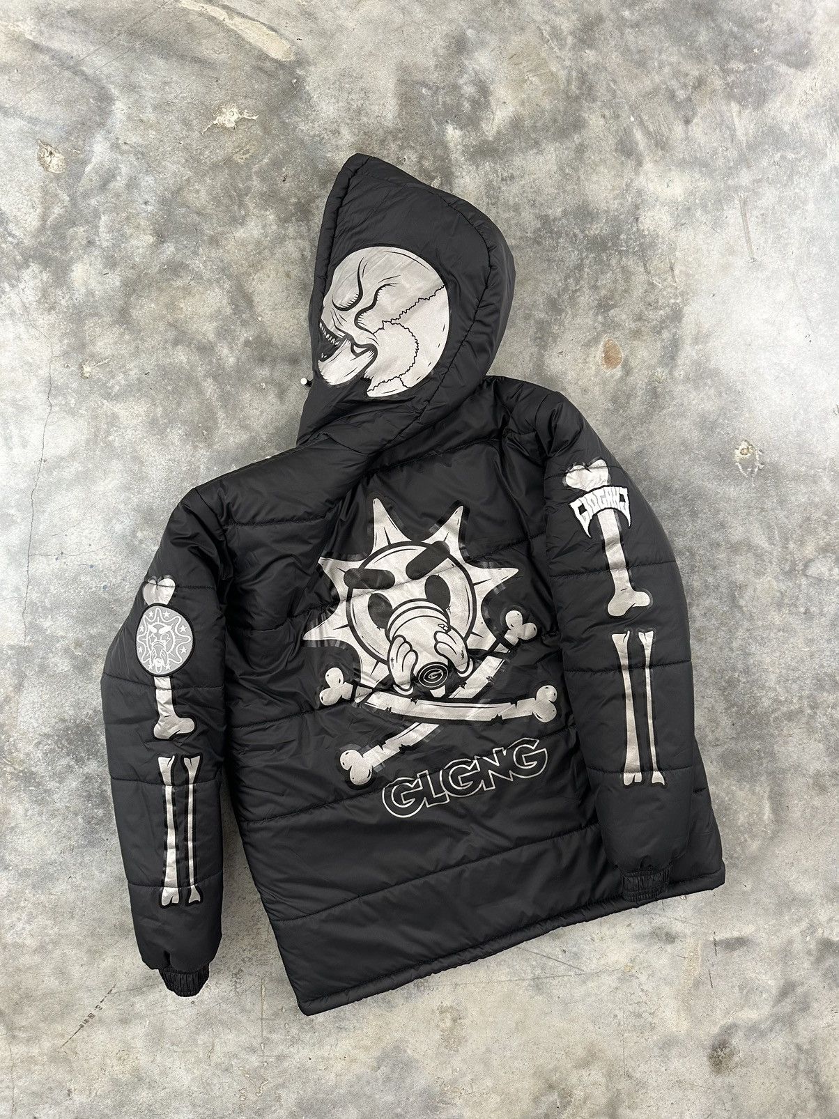 Pre-owned Glo Gang Skeleton Halloween Black Puffy Jacket Large