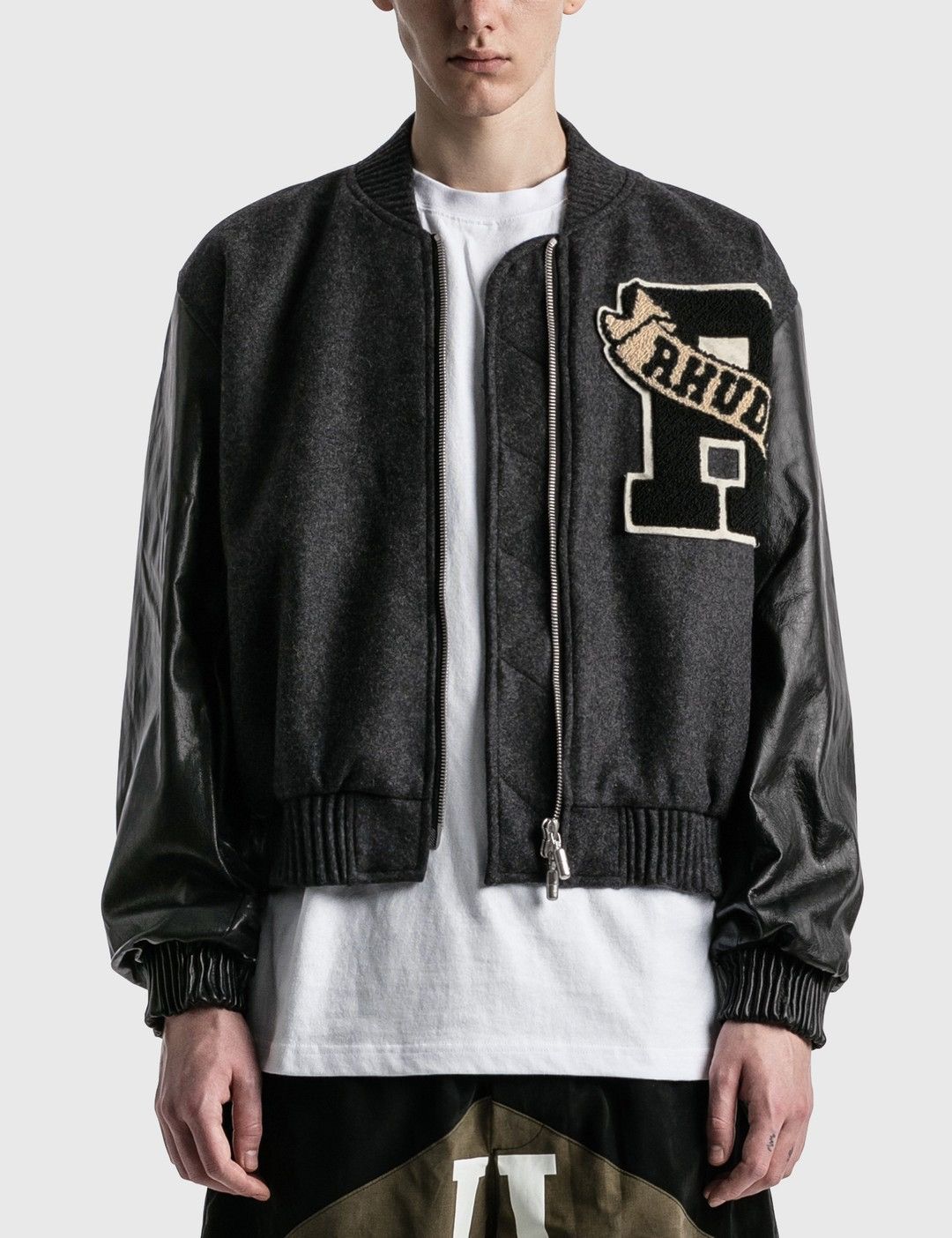 Rhude Varsity patch jacket leather lamb wool gray college rhuigi | Grailed