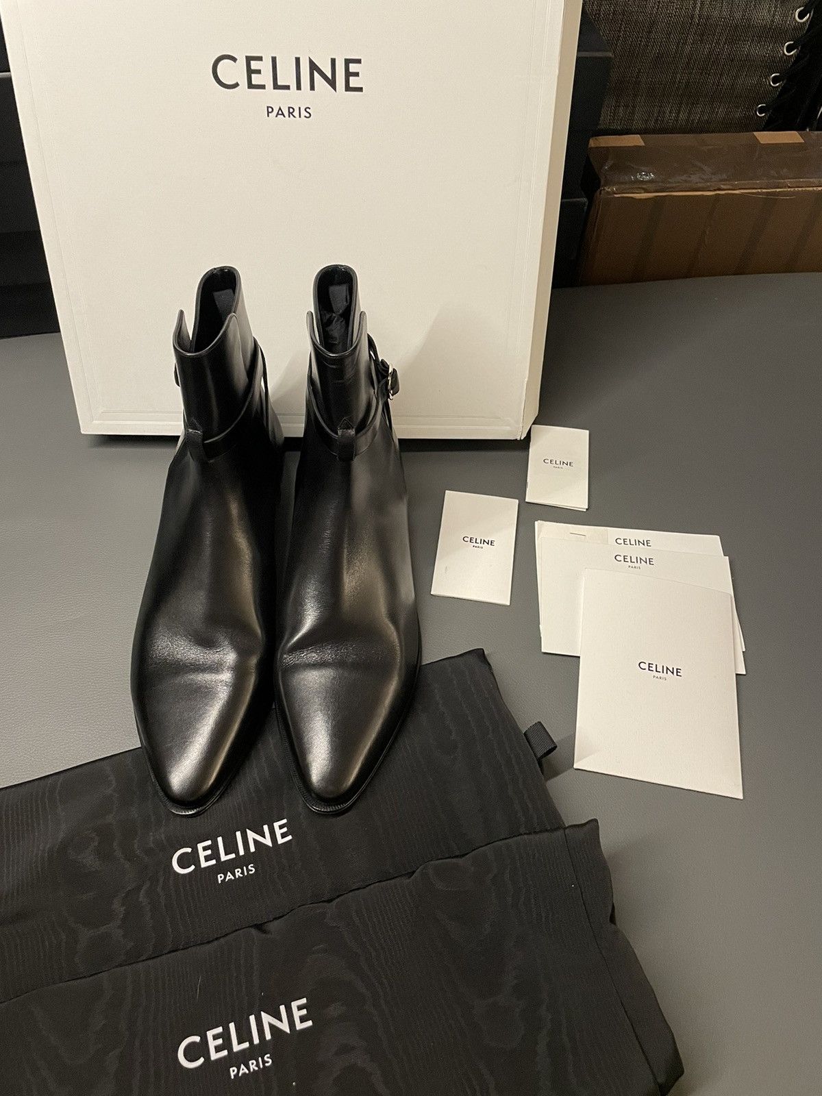 image of Celine x Hedi Slimane $1,450 Value Super Hedi Runway Leather Boots in Black, Men's (Size 10)