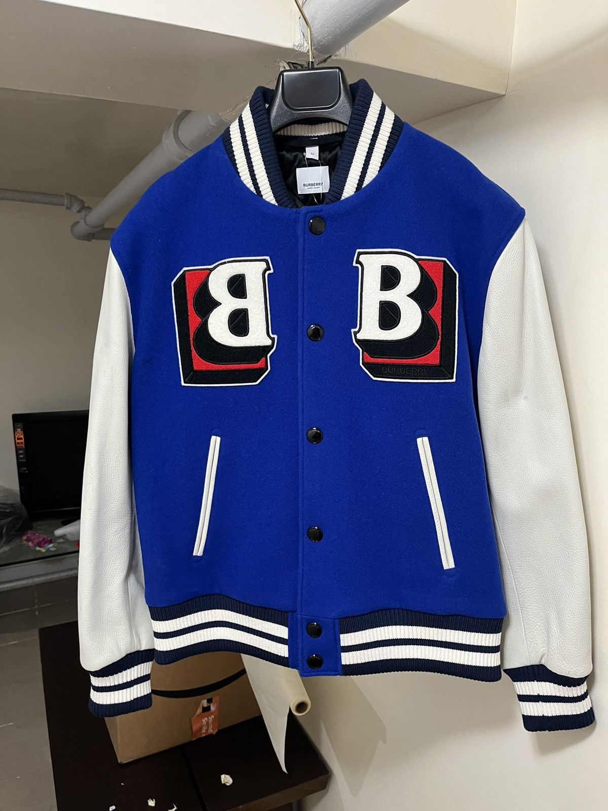 image of Burberry Leather Sleeve Wool Blend Bomber Jacket Size 50 in Blue, Men's