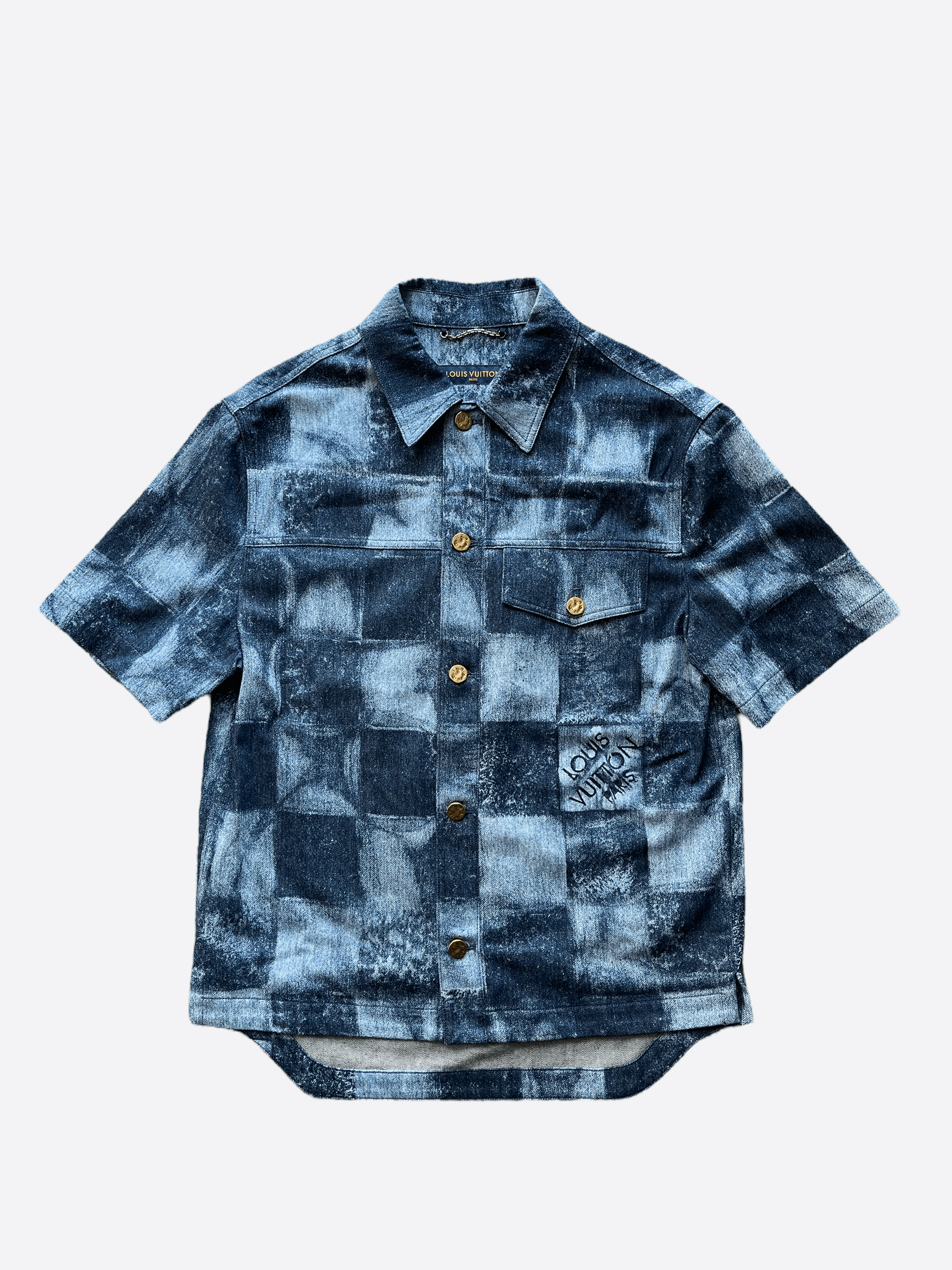 image of Louis Vuitton Salt Damier Short Sleeve Button Up Shirt in Blue, Men's (Size Small)