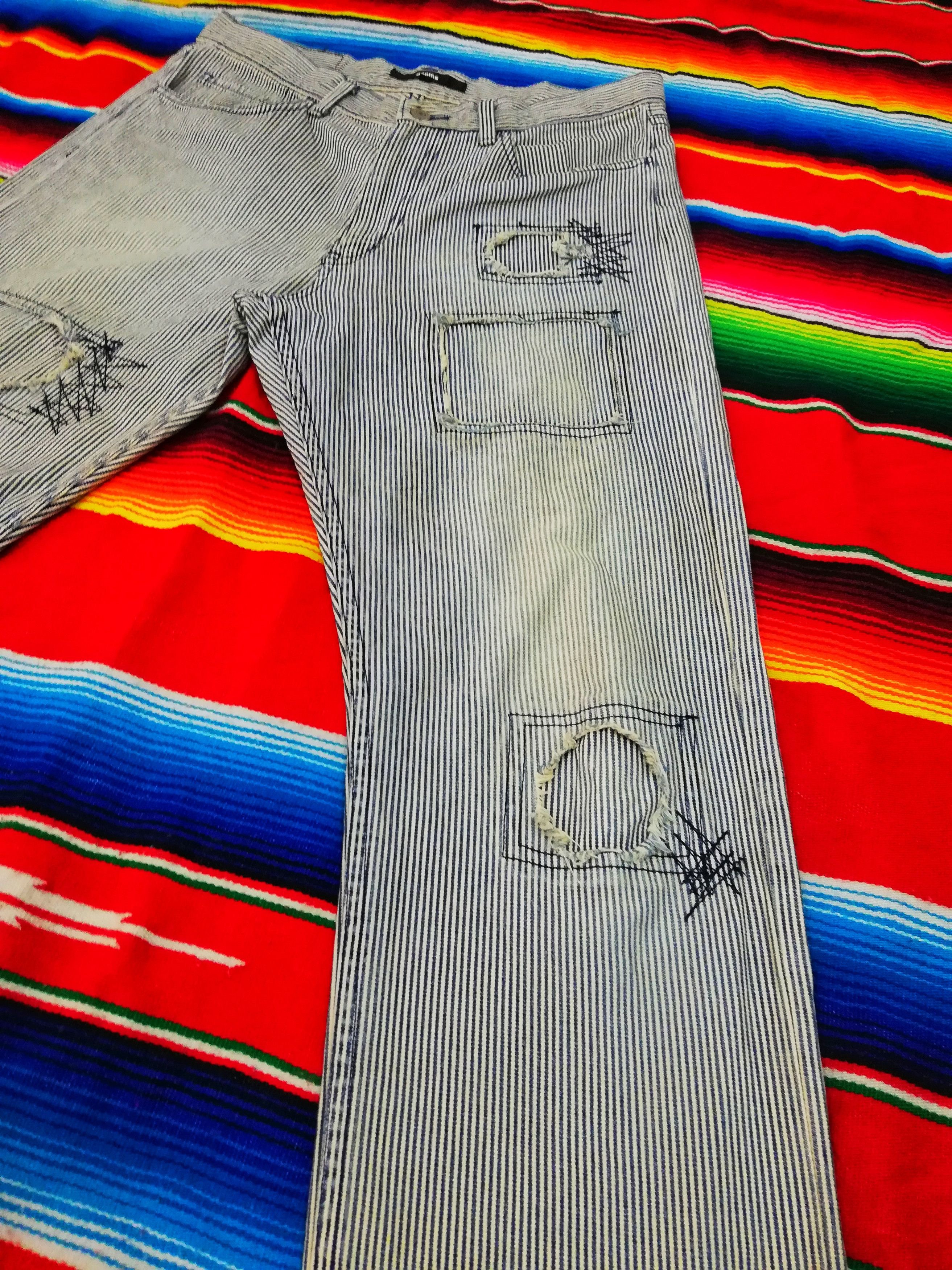 Beams Plus × Japanese Brand 🔥Japanese🇯🇵 Beams Hickory Stripe Distressed Denim Pants Size US 32 / EU 48 - 5 Thumbnail