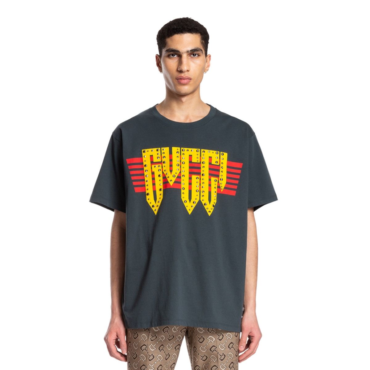 Gucci GUCCI gray studded Rock logo print oversize t-shirt Large Size US L / EU 52-54 / 3 - 2 Thumbnail