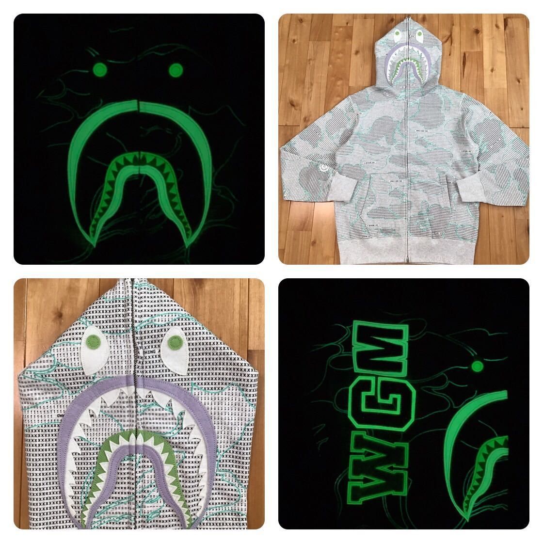image of Bape Glow In The Dark Text Code Camo Shark Full Zip Hoodie in Grey, Men's (Size Large)