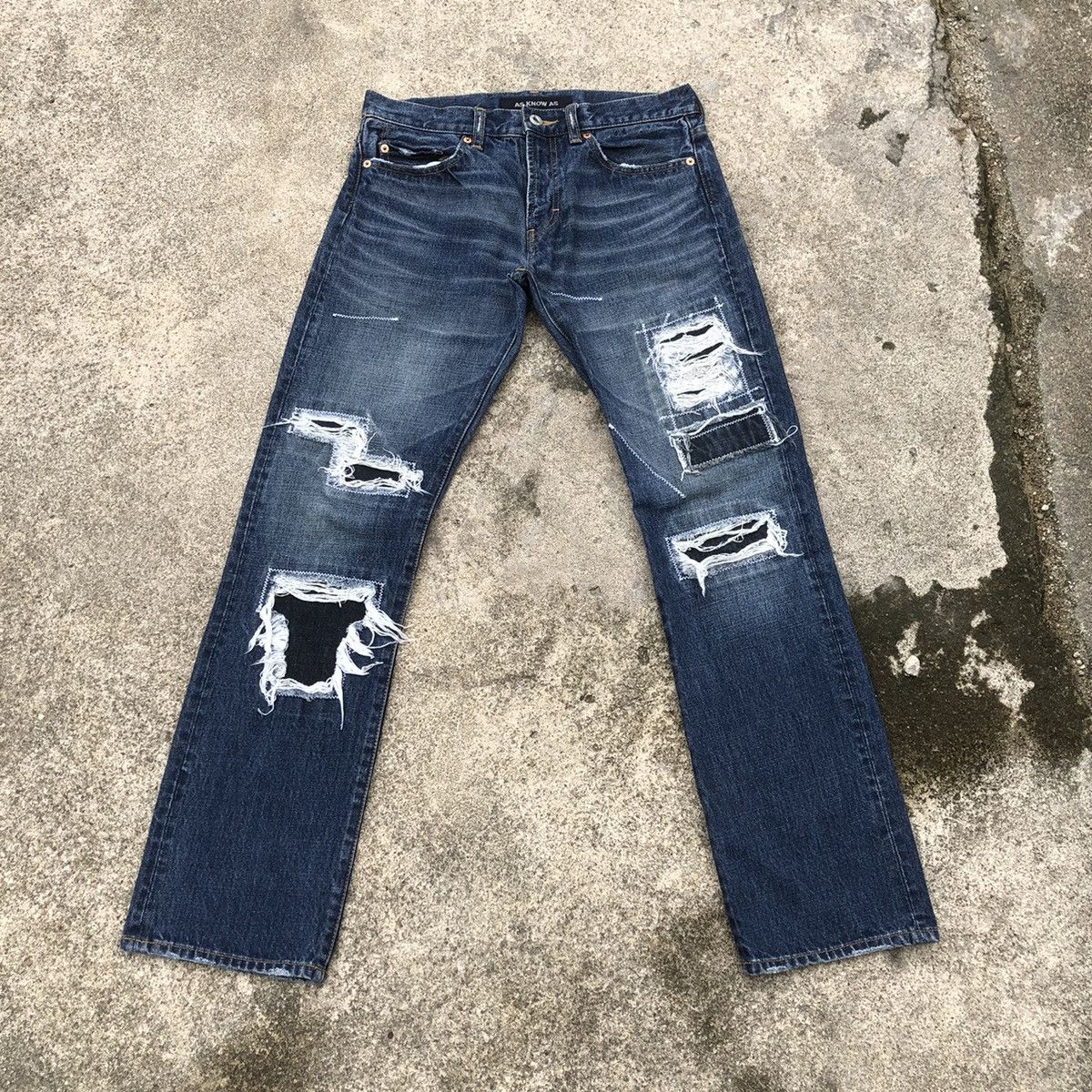 Japanese Brand 🔥Sick🔥🇯🇵As Know As Stoned Wash Patchwork Rips Distress Jeans Size US 31 - 1 Thumbnail