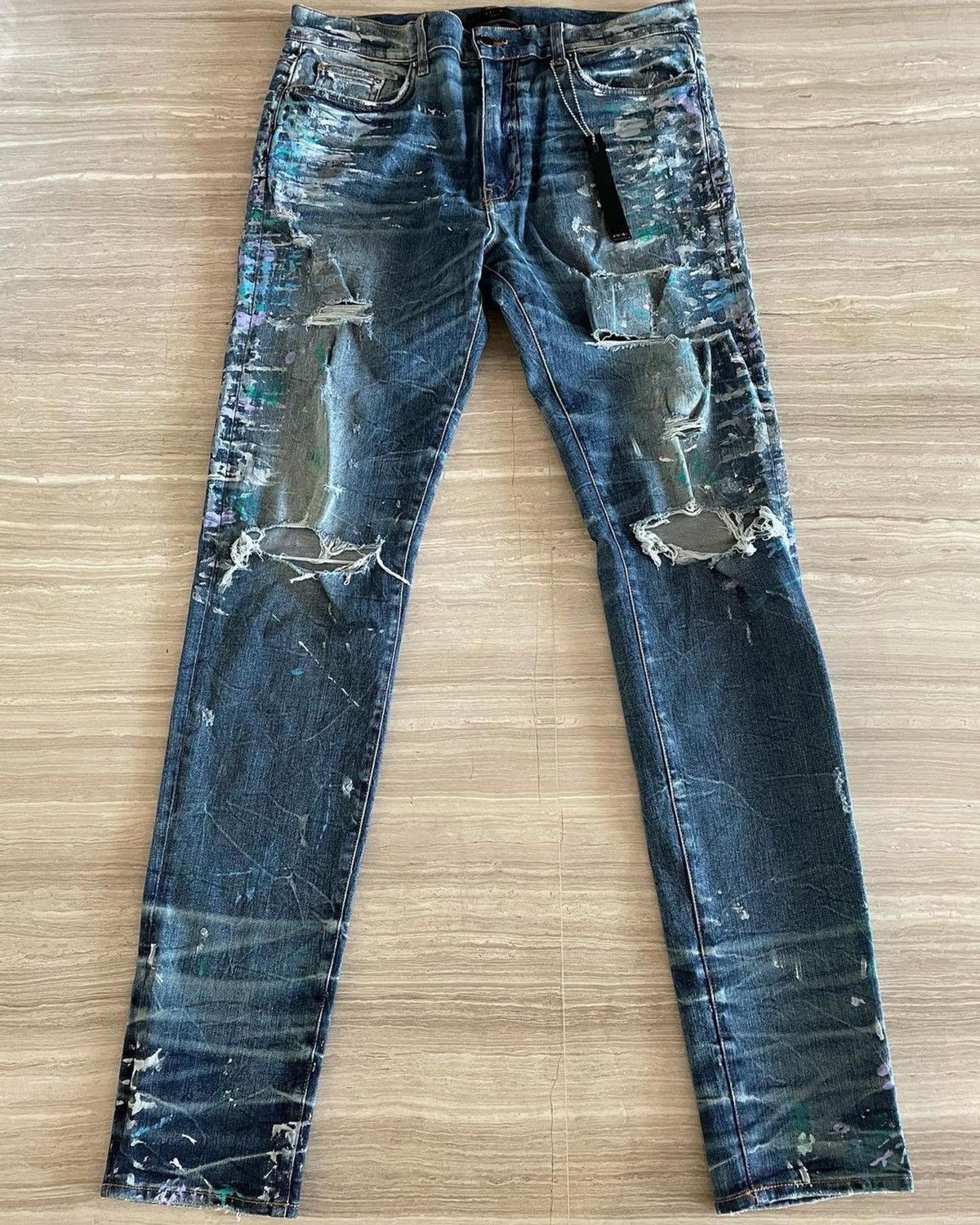 image of Amiri Indigo Artist Paint Splatter Jeans in Blue, Men's (Size 38)