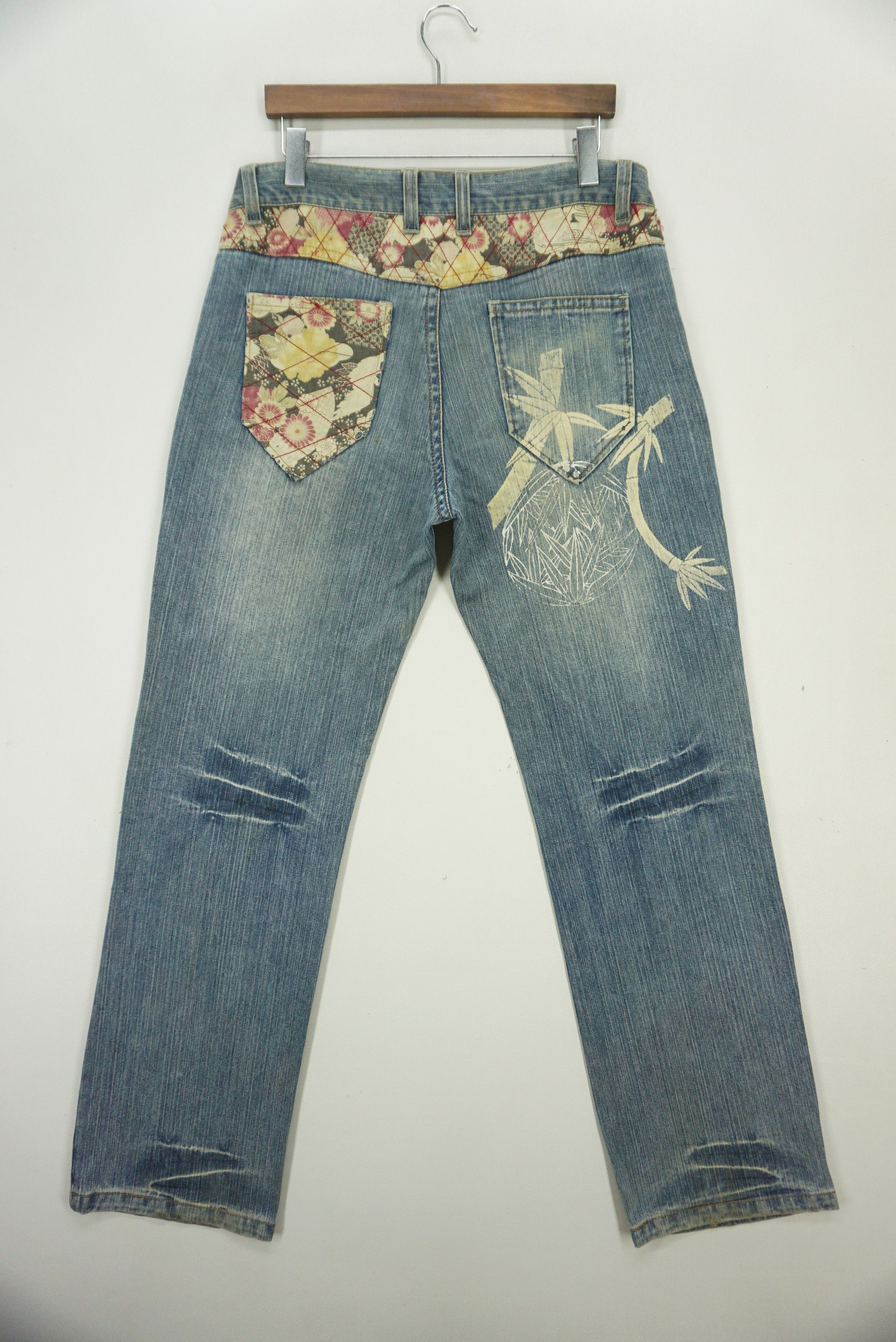 image of Rockers x Workers Abstract Floral Trim Jeans Traditional Bamboo Prints in Blue, Men's (Size 35)