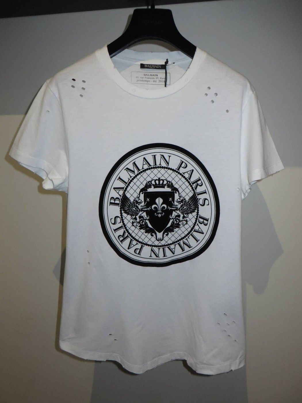 image of Balmain Logo Flock Print Destroyed T-Shirt in White, Men's (Size XS)