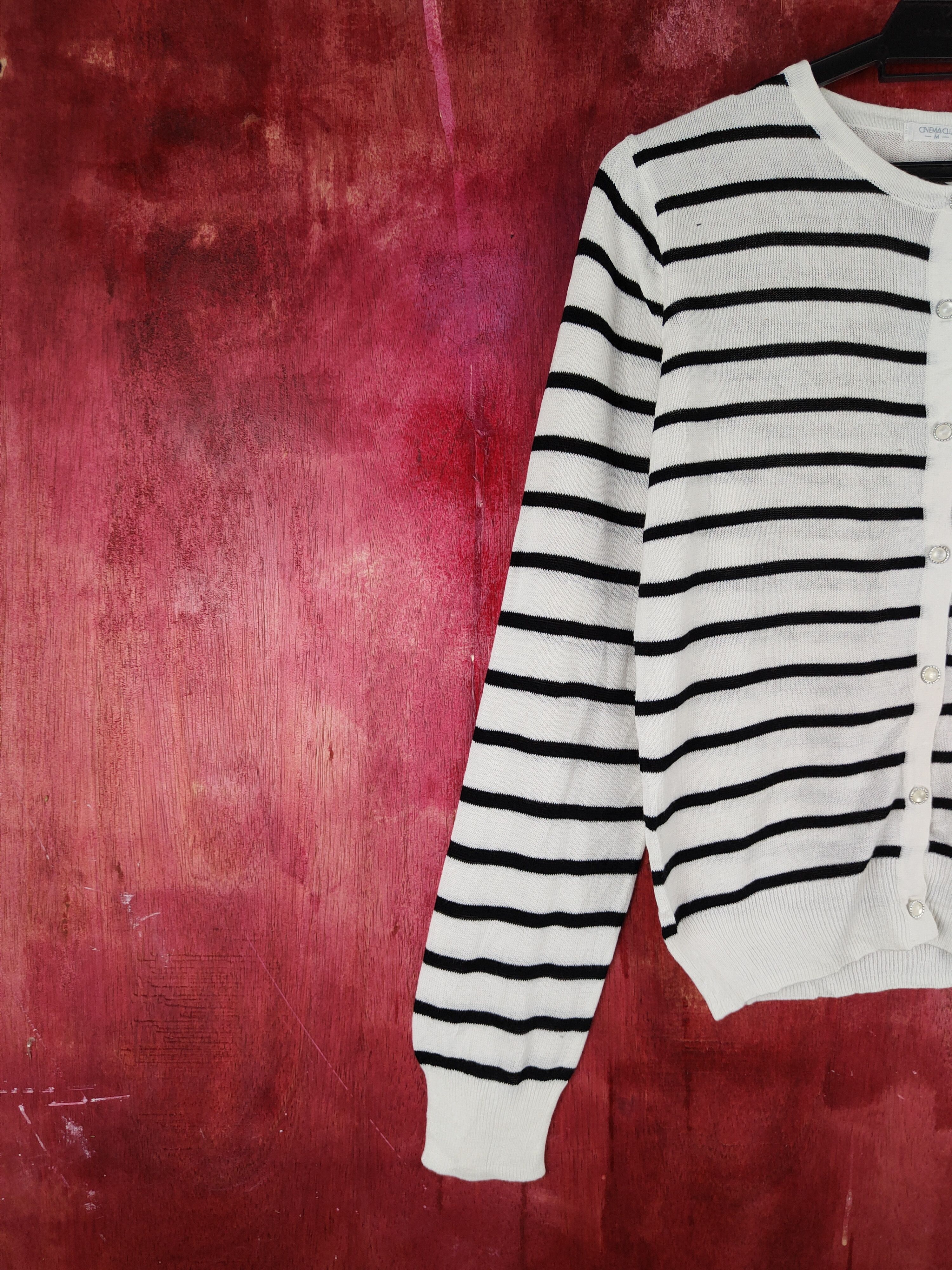 Japanese Brand Cinema Club Black/White Stripe thin knitwear Cardigan #S951 Size M / US 6-8 / IT 42-44 - 3 Thumbnail