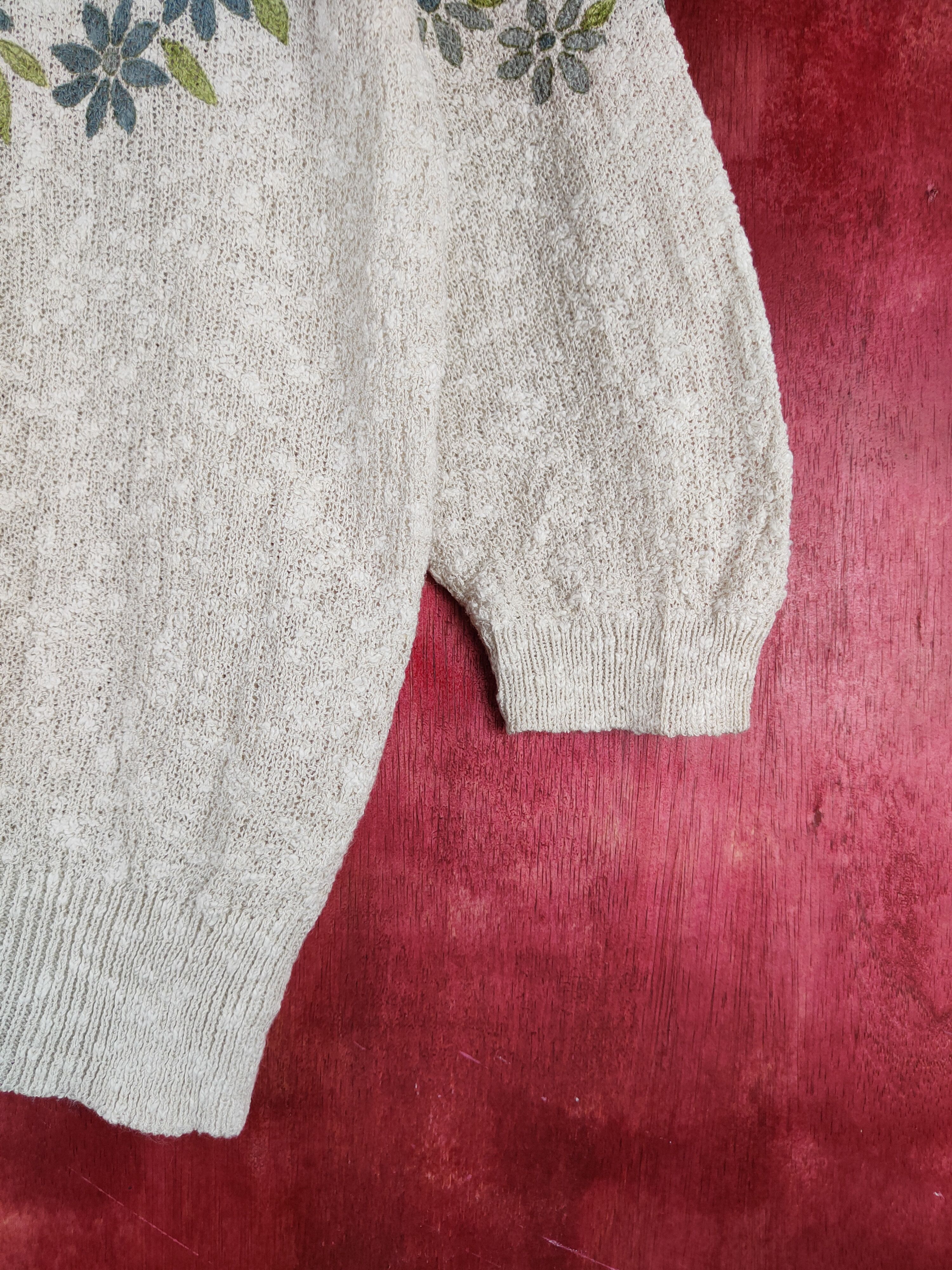 Homespun Knitwear × Japanese Brand Laugh Ell Ivory Blue art flower Knitwear Cardigan #S945 Size L / US 10 / IT 46 - 6 Thumbnail