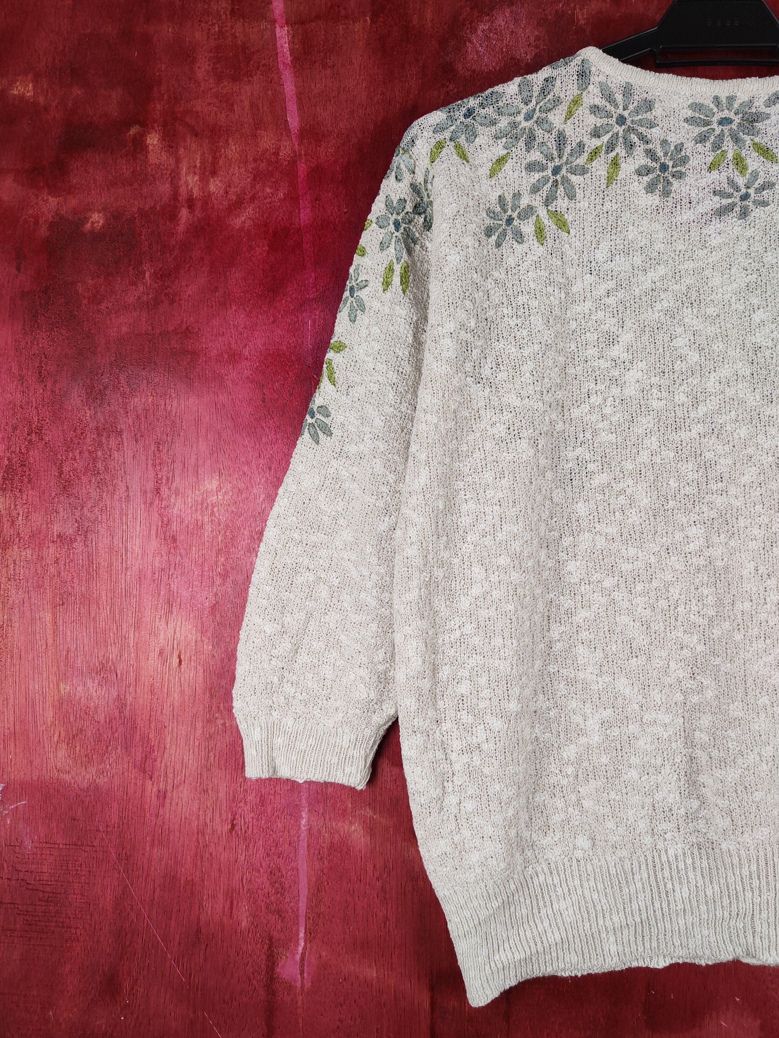 Homespun Knitwear × Japanese Brand Laugh Ell Ivory Blue art flower Knitwear Cardigan #S945 Size L / US 10 / IT 46 - 8 Thumbnail