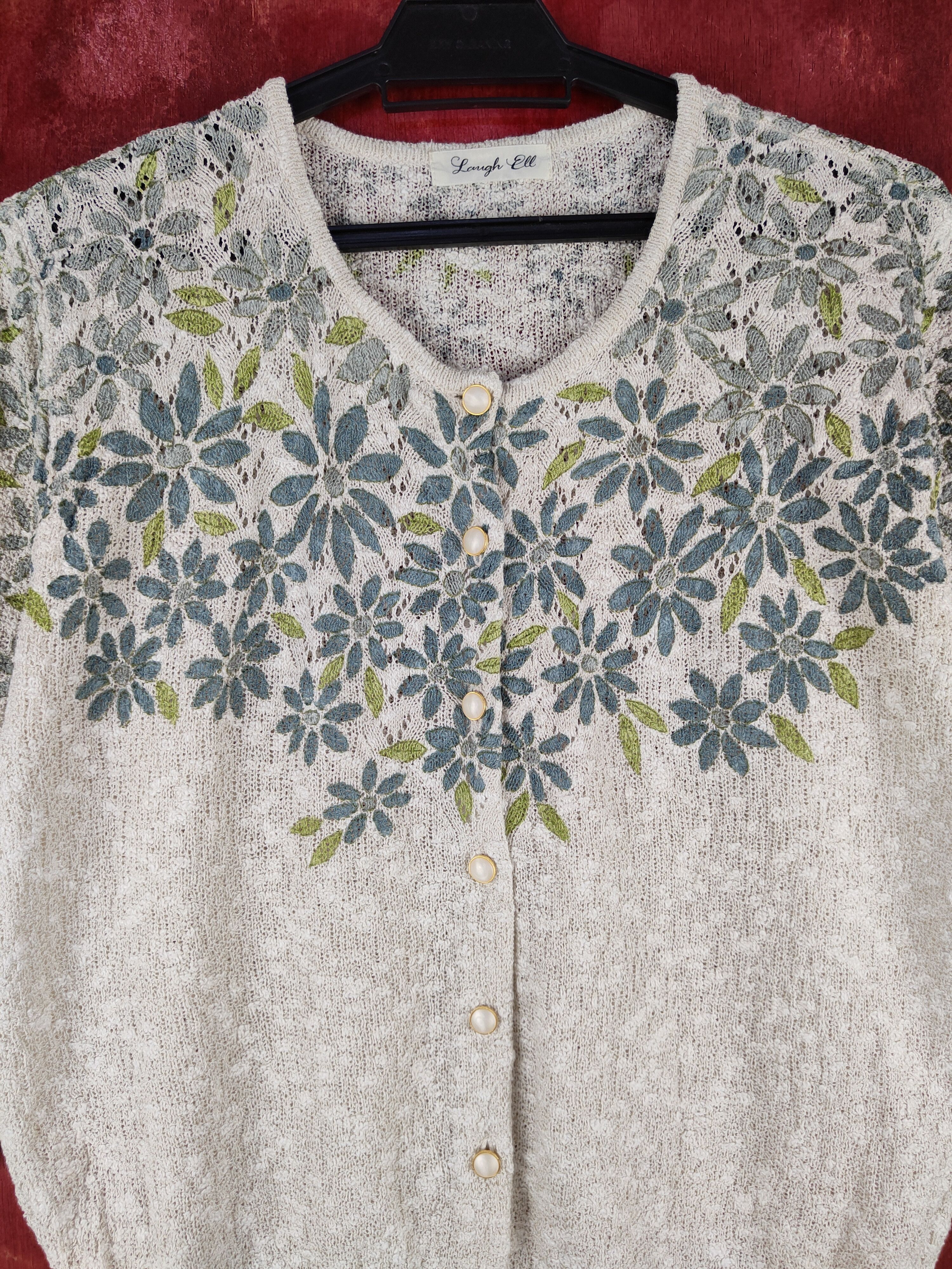 Homespun Knitwear × Japanese Brand Laugh Ell Ivory Blue art flower Knitwear Cardigan #S945 Size L / US 10 / IT 46 - 2 Thumbnail