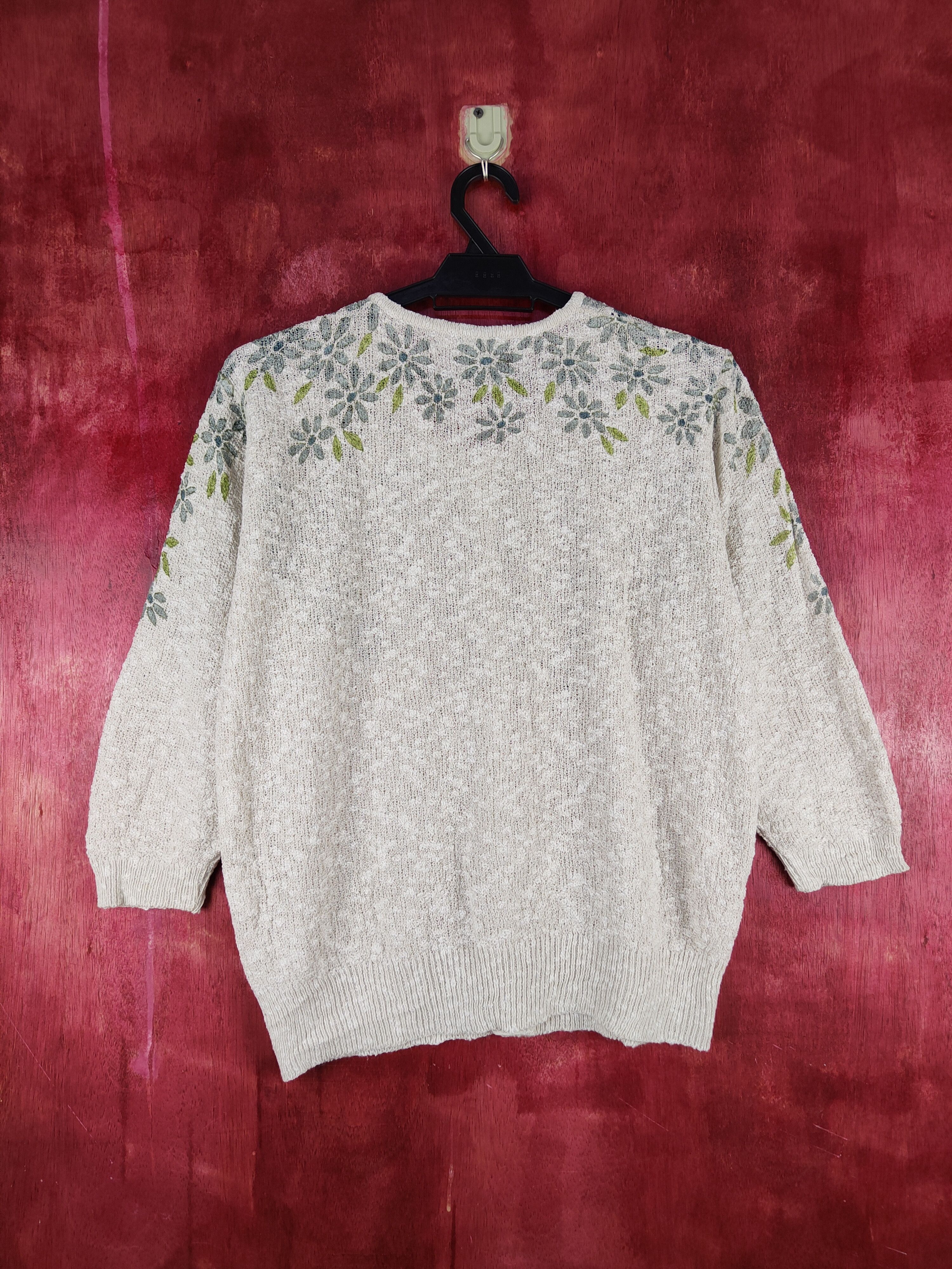 Homespun Knitwear × Japanese Brand Laugh Ell Ivory Blue art flower Knitwear Cardigan #S945 Size L / US 10 / IT 46 - 7 Thumbnail