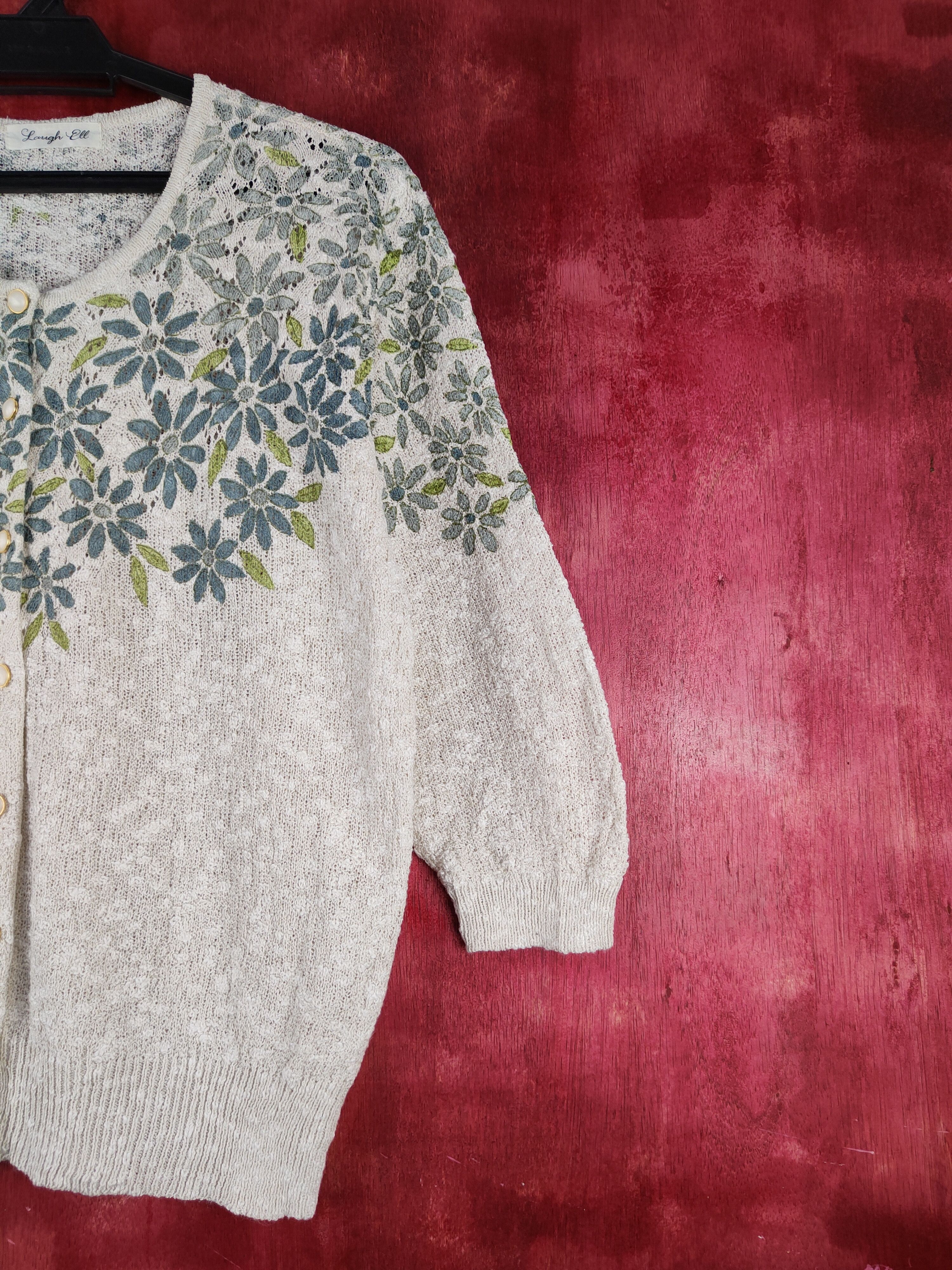 Homespun Knitwear × Japanese Brand Laugh Ell Ivory Blue art flower Knitwear Cardigan #S945 Size L / US 10 / IT 46 - 5 Thumbnail