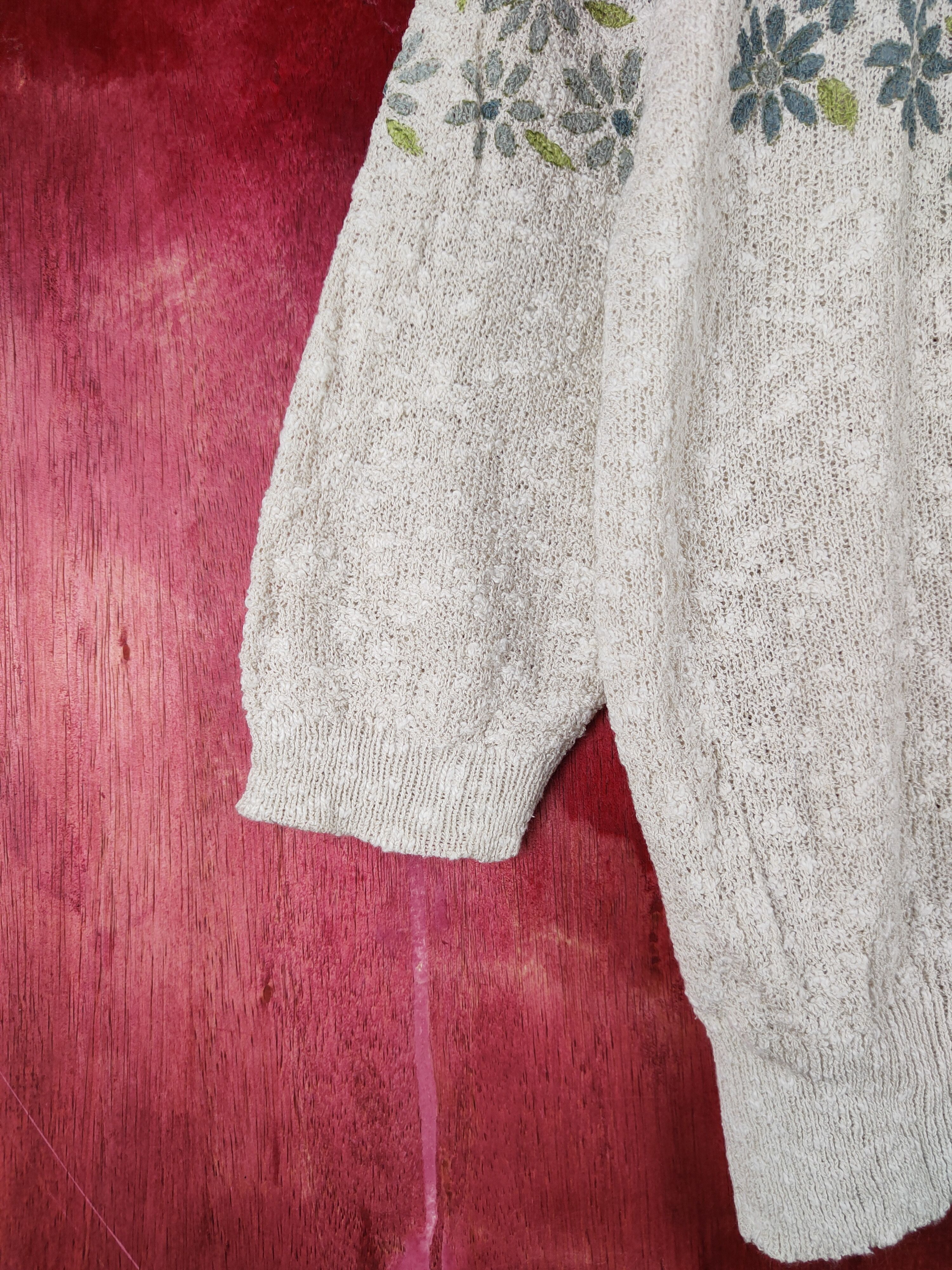 Homespun Knitwear × Japanese Brand Laugh Ell Ivory Blue art flower Knitwear Cardigan #S945 Size L / US 10 / IT 46 - 4 Thumbnail