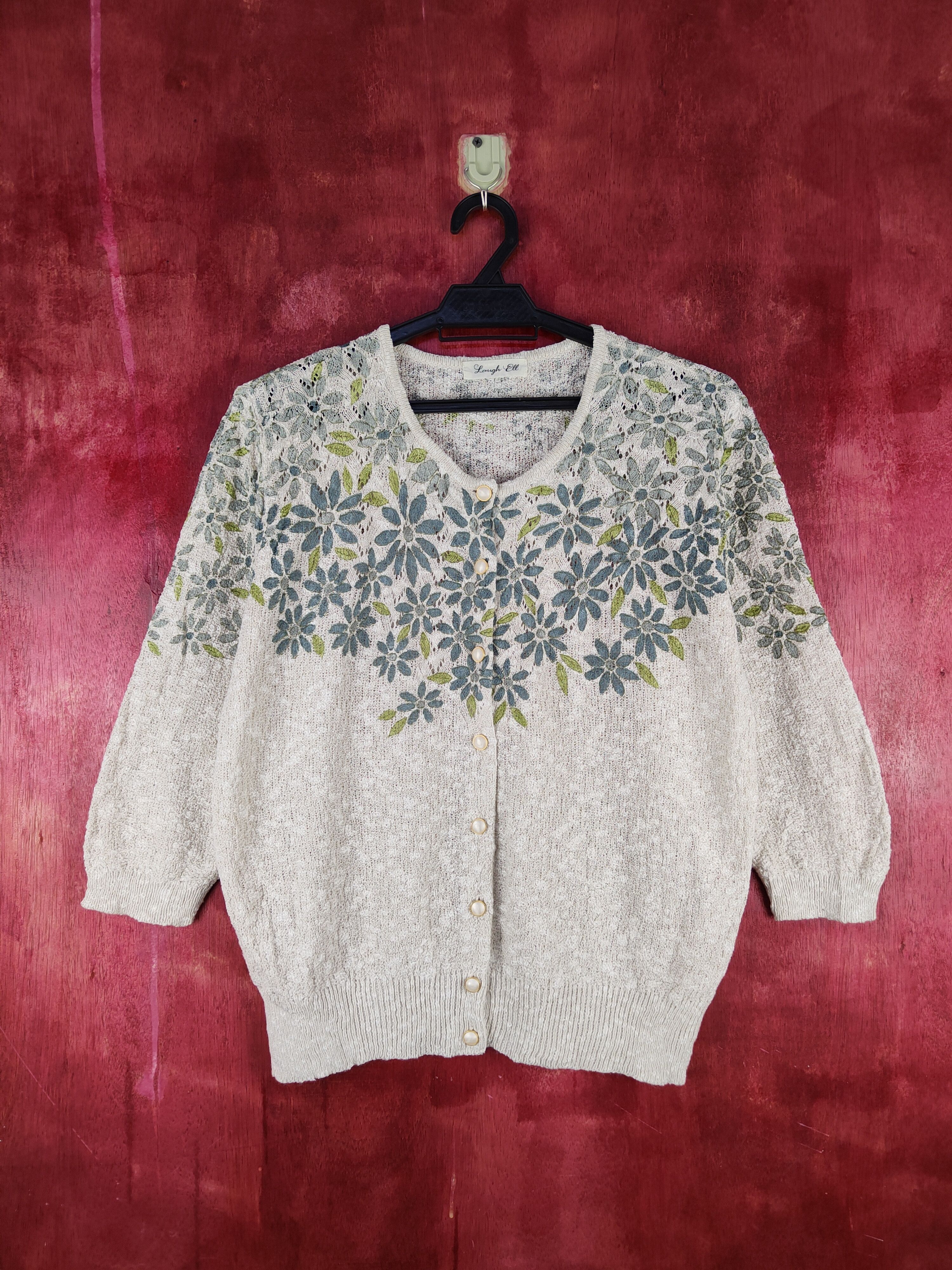 Homespun Knitwear × Japanese Brand Laugh Ell Ivory Blue art flower Knitwear Cardigan #S945 Size L / US 10 / IT 46 - 1 Thumbnail