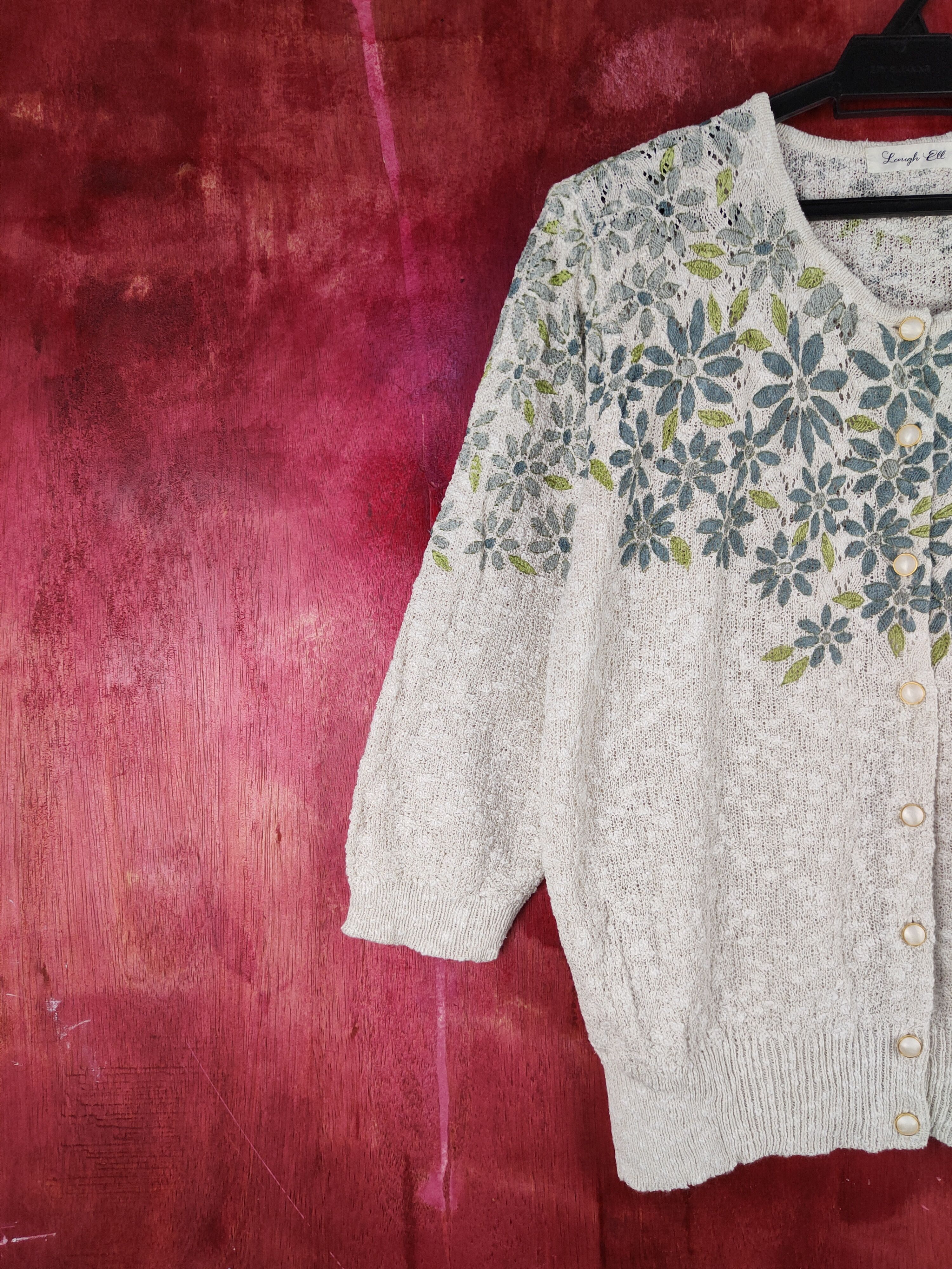 Homespun Knitwear × Japanese Brand Laugh Ell Ivory Blue art flower Knitwear Cardigan #S945 Size L / US 10 / IT 46 - 3 Thumbnail