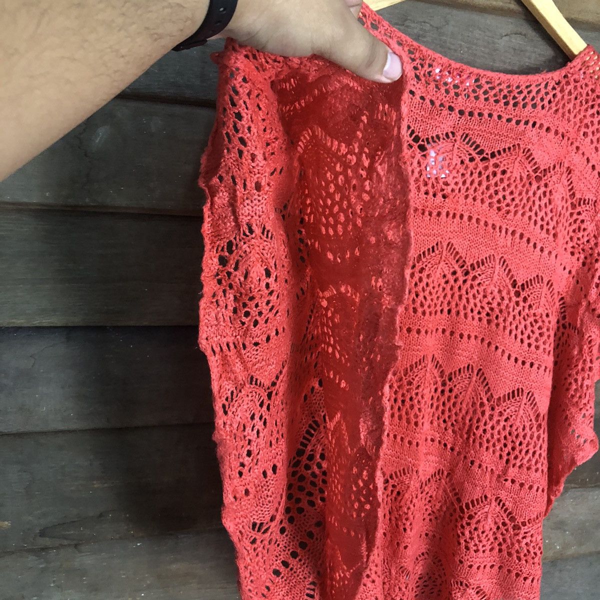 Homespun Knitwear Supre Mesh Net Crochet Red Cardigan Knitwear #7183 Size US M / EU 48-50 / 2 - 12 Thumbnail