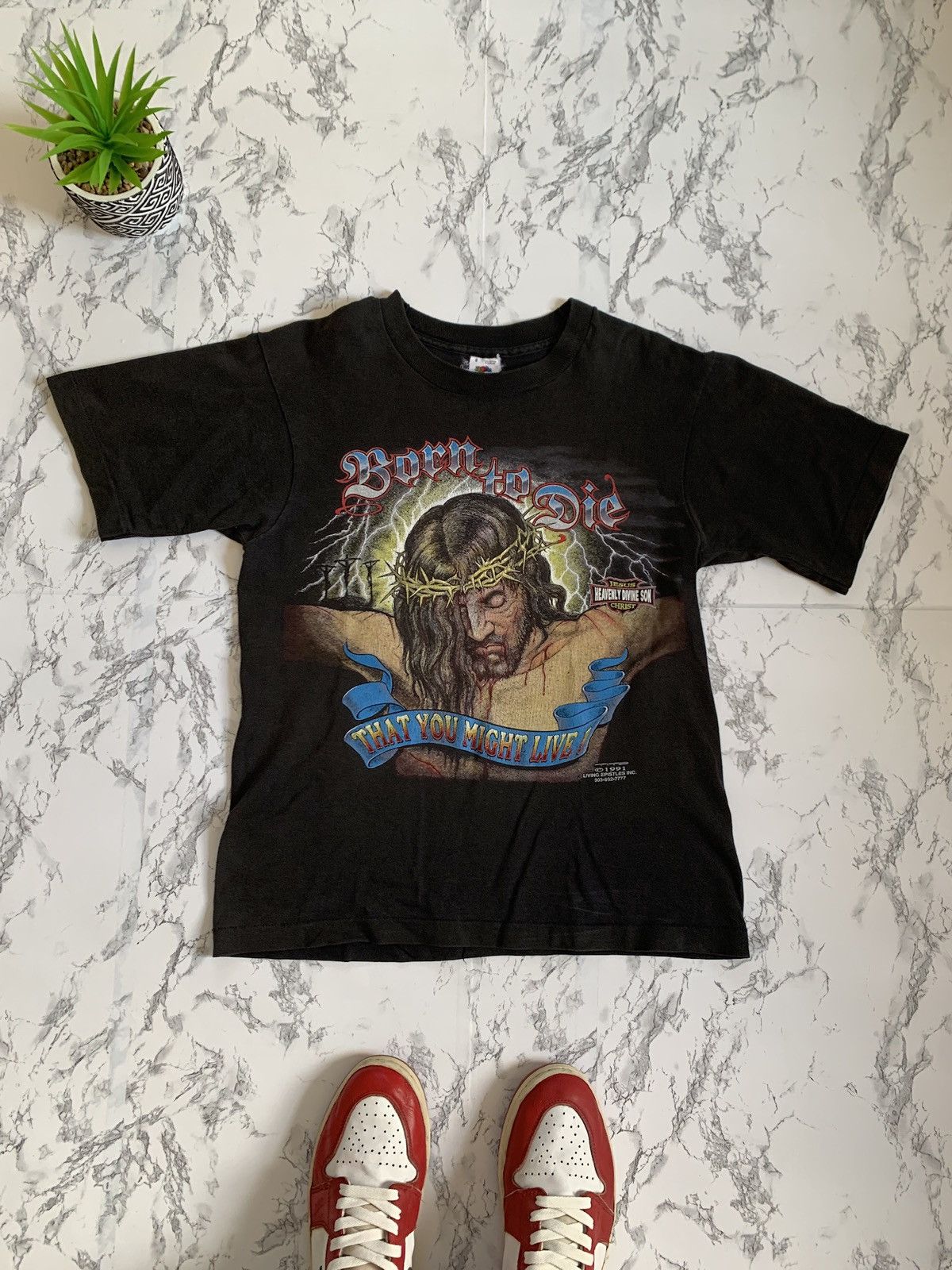 image of Vintage Jesus Born To Die T Shirt Religious Worship Best Vetements in Black, Men's (Size Small)