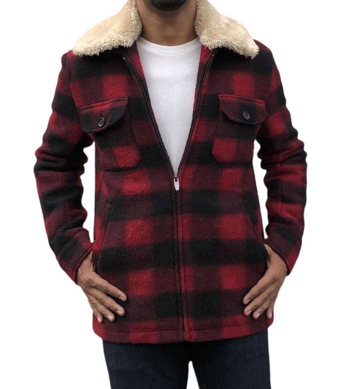 Zara Zara Men Outwear Red and Black Check Wooly and Fur Collar Size US M / EU 48-50 / 2 - 2 Thumbnail
