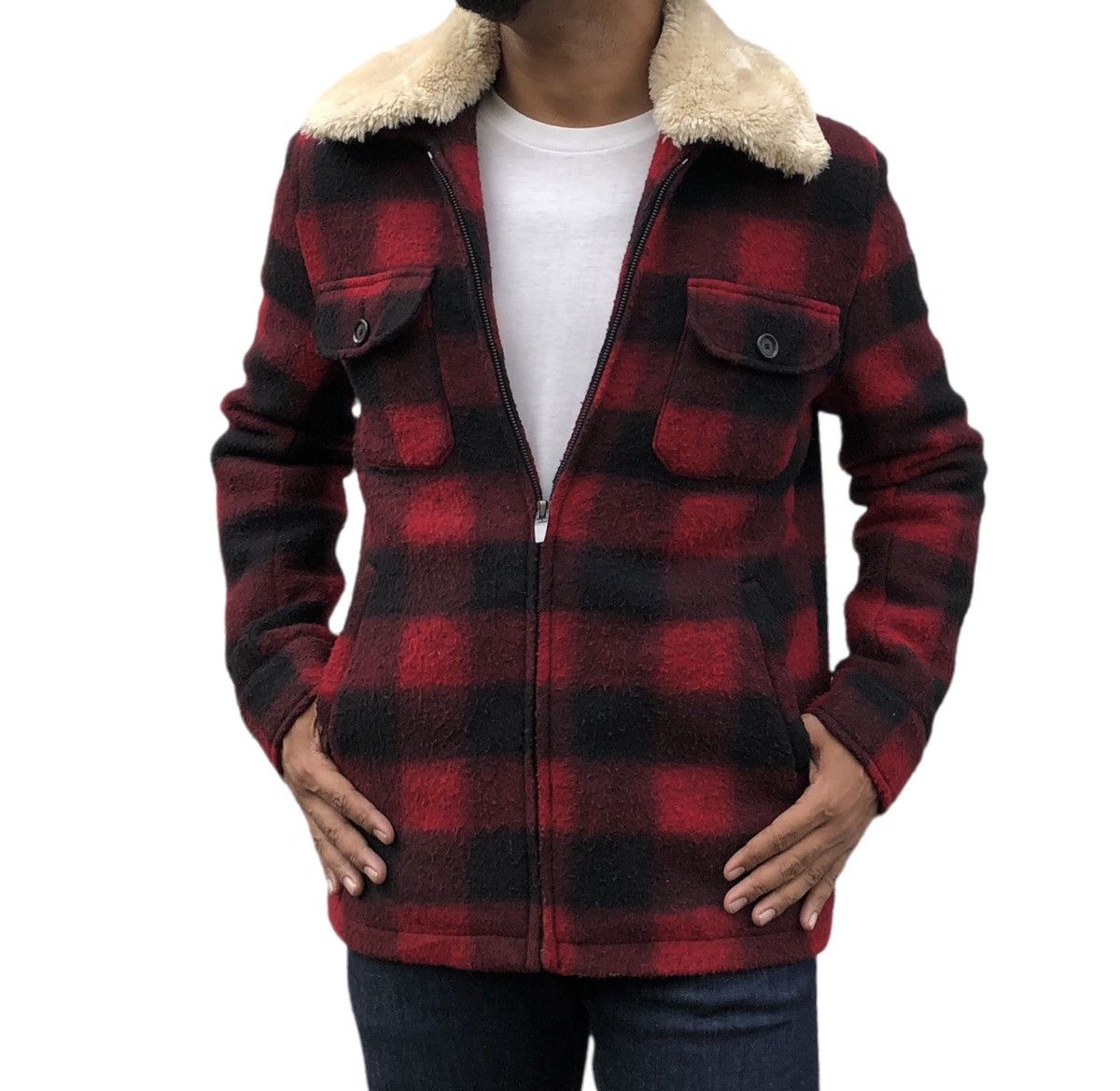 Zara Zara Men Outwear Red and Black Check Wooly and Fur Collar Size US M / EU 48-50 / 2 - 3 Thumbnail