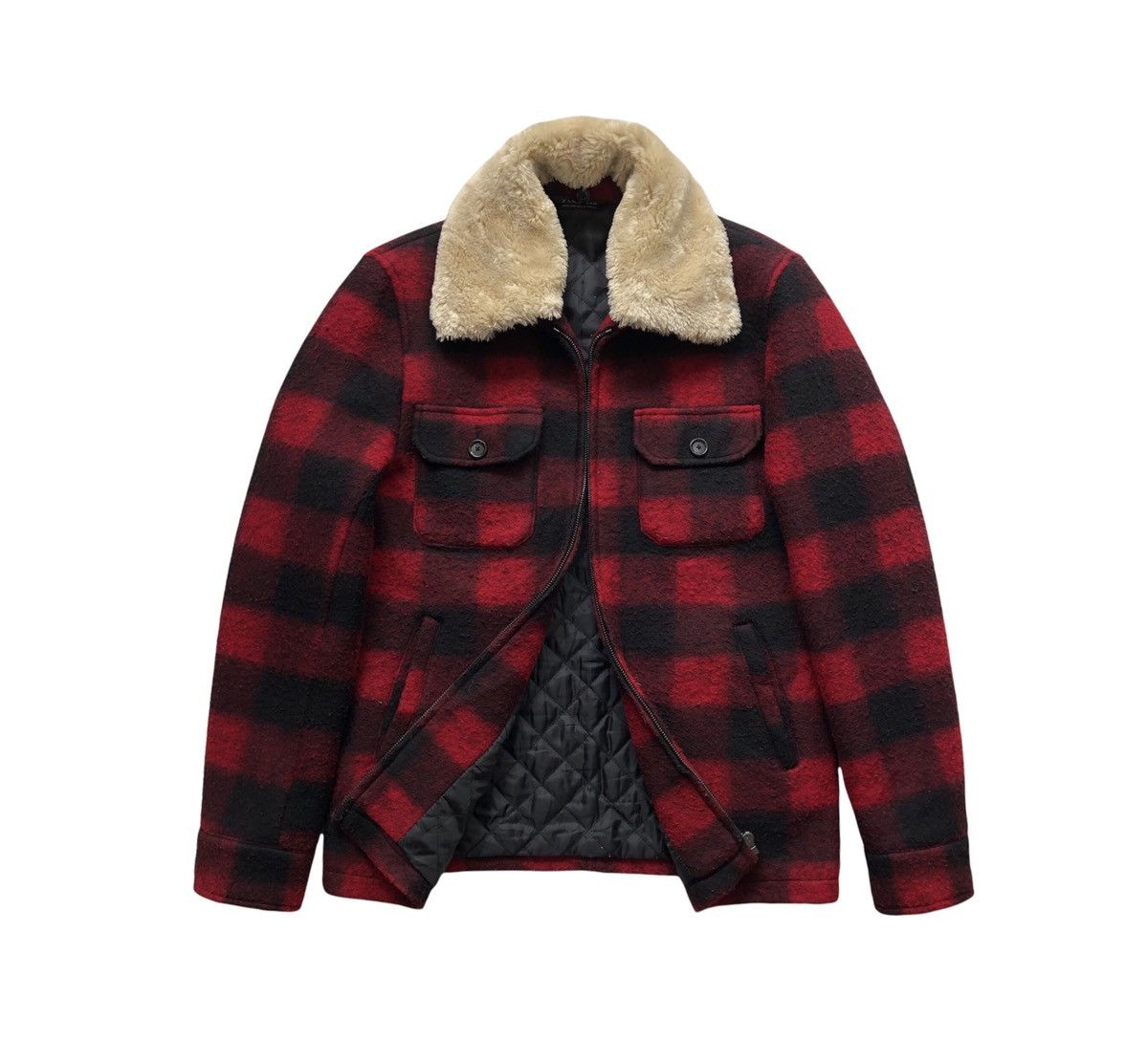 Zara Zara Men Outwear Red and Black Check Wooly and Fur Collar Size US M / EU 48-50 / 2 - 11 Thumbnail