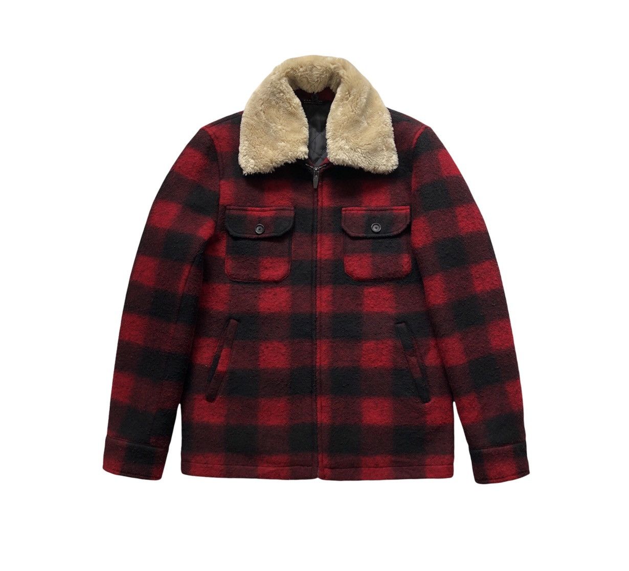 Zara Zara Men Outwear Red and Black Check Wooly and Fur Collar Size US M / EU 48-50 / 2 - 4 Thumbnail
