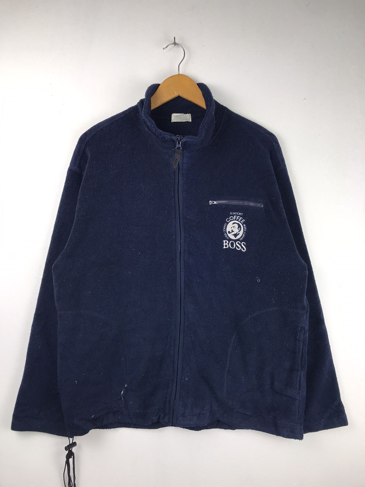 image of Vintage Suntory Original Design Full Zipper Fleece Jacket in Dark Blue, Men's (Size Large)