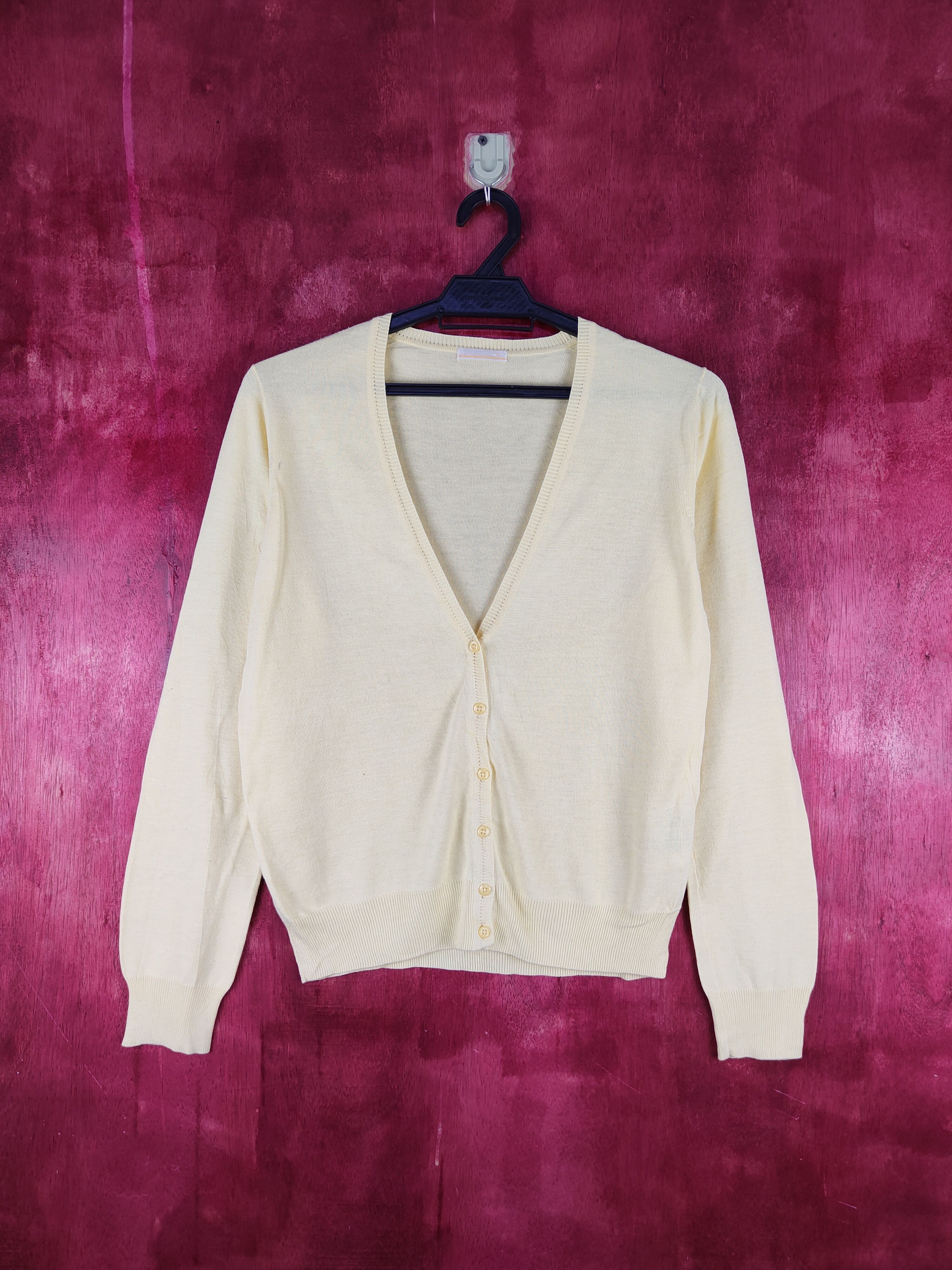 image of Yellow Cardigan Knitwear Plain Thin S946, Women's (Size Medium)