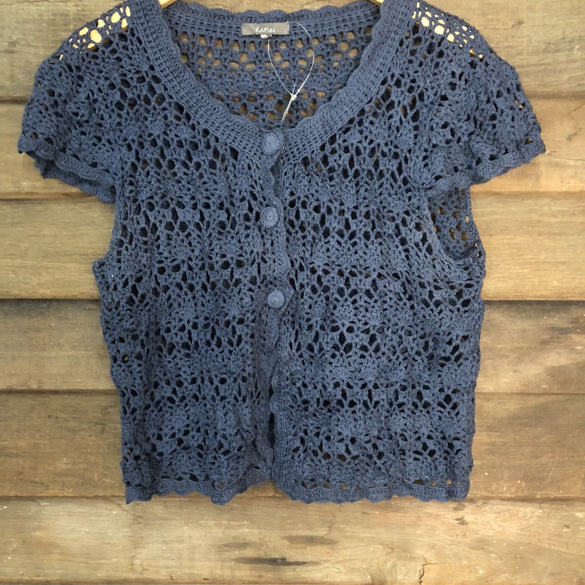 Japanese Brand Katies Mesh Net Crochet Dark Blue Cardigan Knitwear #7179 Size S / US 4 / IT 40 - 3 Thumbnail