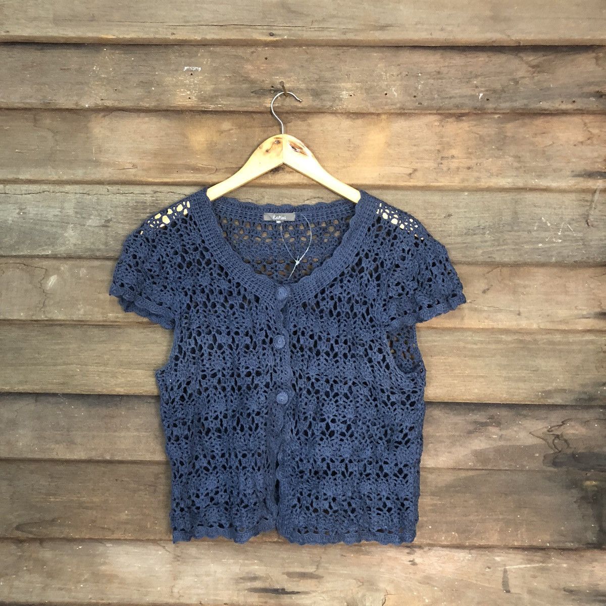Japanese Brand Katies Mesh Net Crochet Dark Blue Cardigan Knitwear #7179 Size S / US 4 / IT 40 - 1 Thumbnail