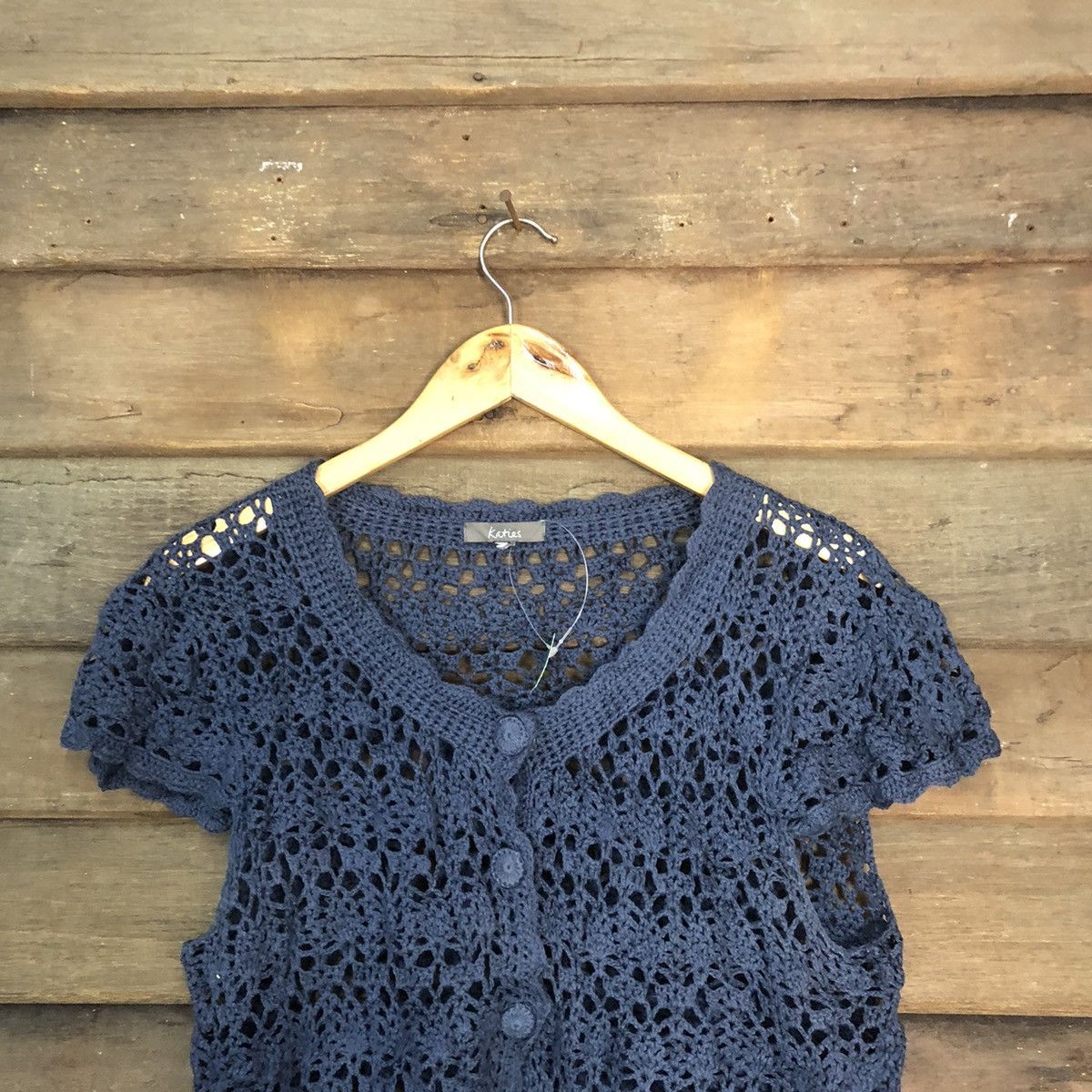 Japanese Brand Katies Mesh Net Crochet Dark Blue Cardigan Knitwear #7179 Size S / US 4 / IT 40 - 2 Thumbnail