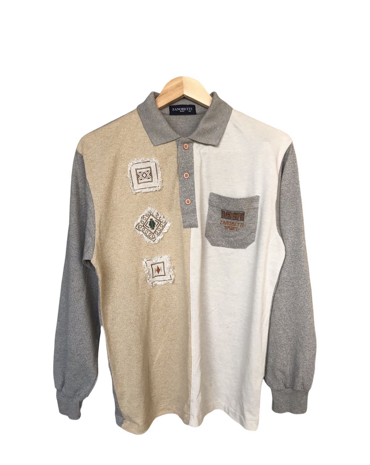 image of Vintage Nicezanobetti Italy Patchwork Navajo Long Sleeve Polo Shirt in Cream, Men's (Size Medium)