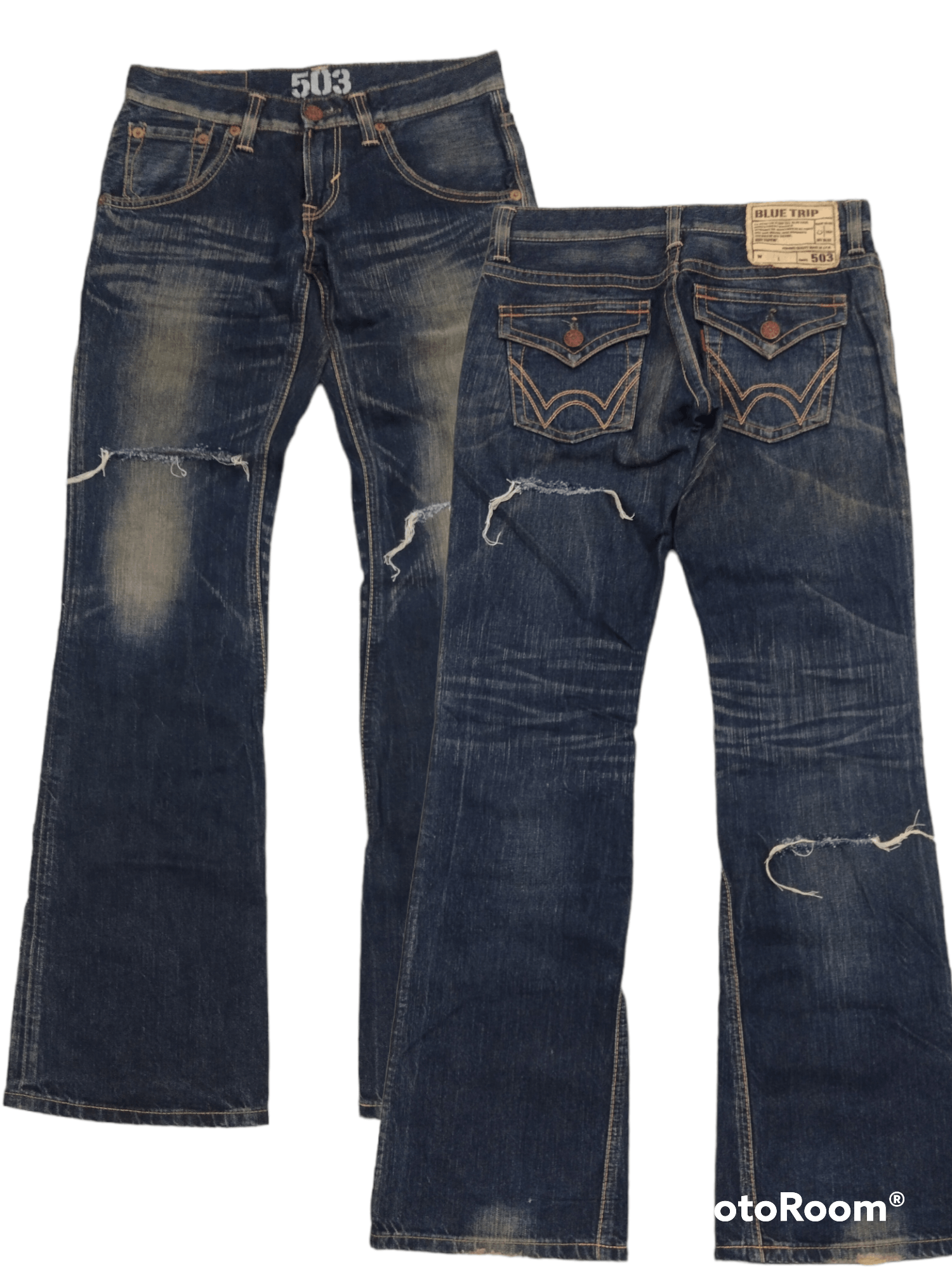 Vintage FLARE RIPED BLUE TRIP DENIM PANTS Size US 29 - 1 Thumbnail