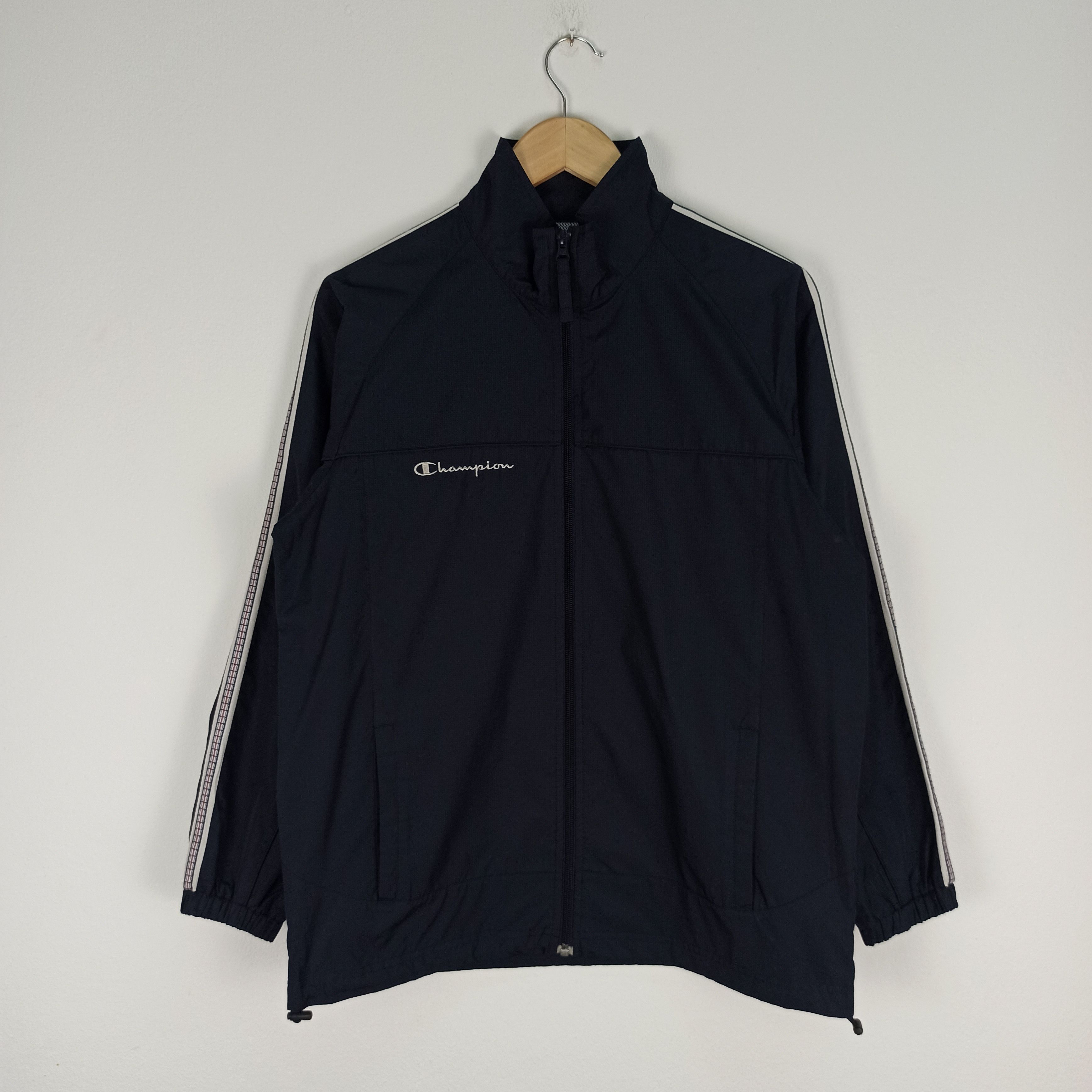 image of Champion Windbreaker Jacket Side Tape in Black Blue, Men's (Size Small)