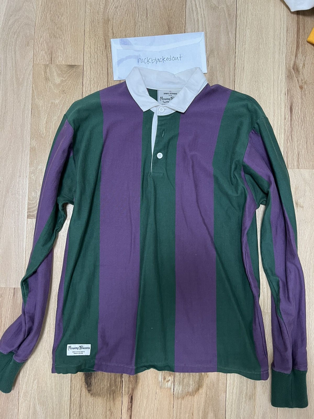 image of Rowing Blazers Vertical Stripe Rugby Shirt in Purple/Green Striped, Men's (Size XL)