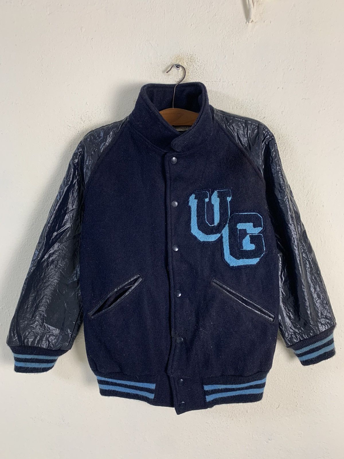 image of Howe Athletic Apparel Leather Varsity Jacket in Blue, Men's (Size Small)