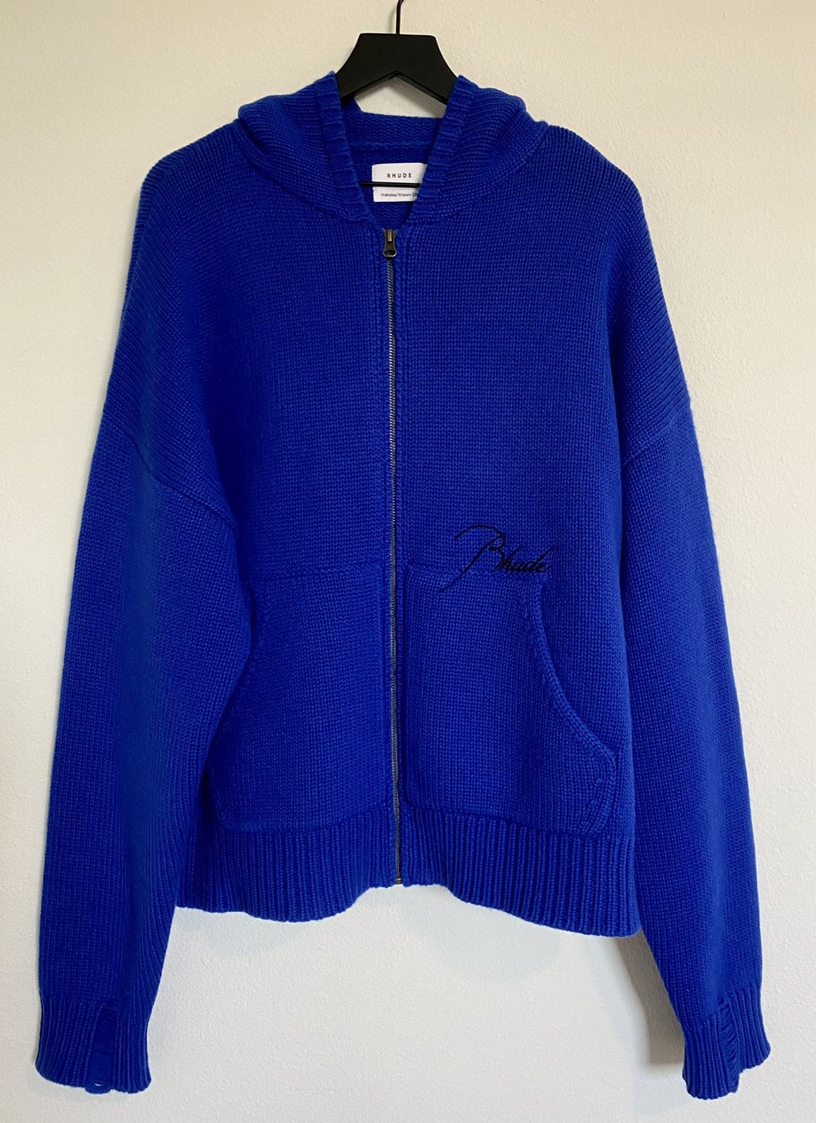 image of Rhude Hoodie Sweater Woven Blue Wool Cashmere Mens Knit (Size Large)