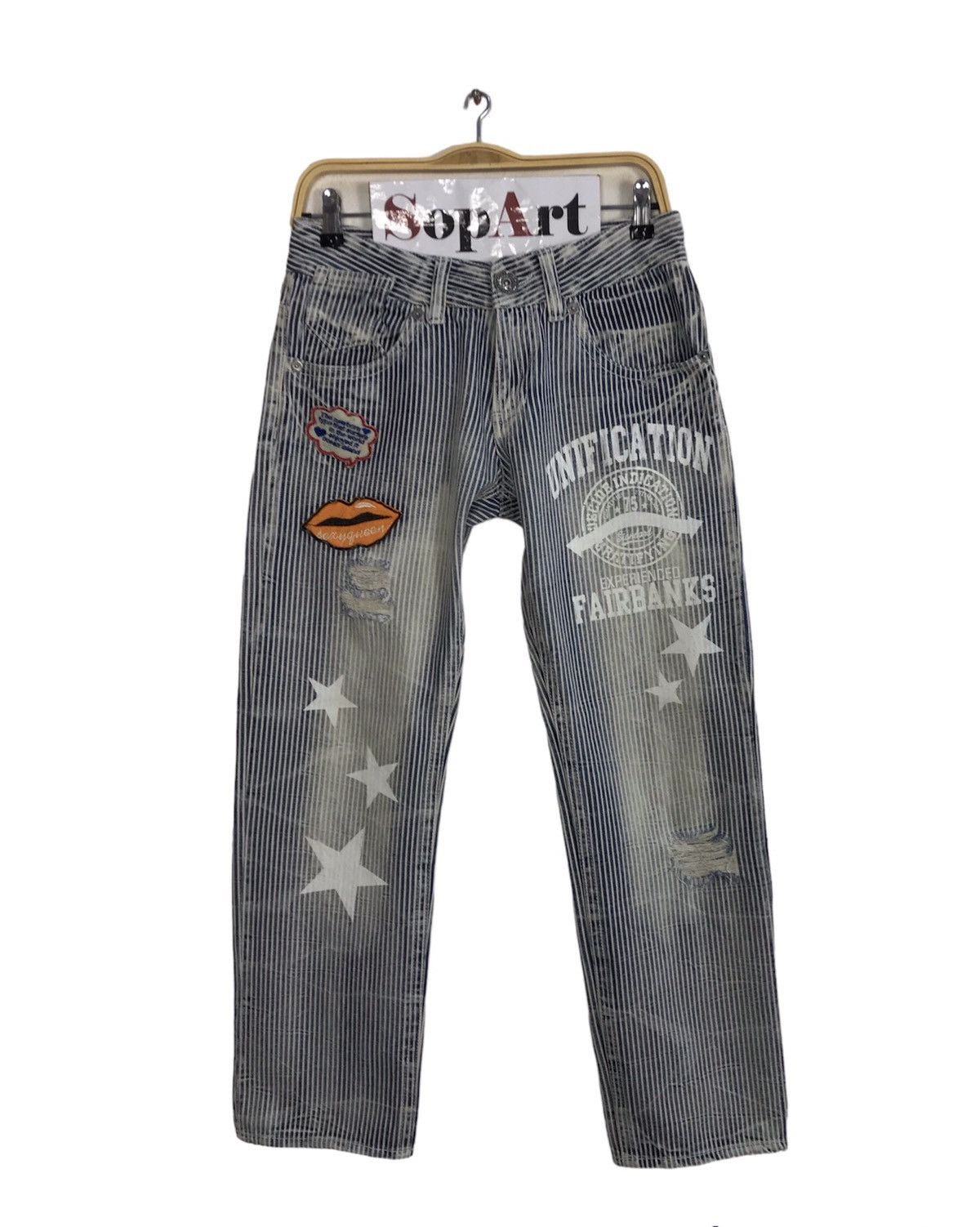 image of Distressed Denim x Vintage The Vintage Standard Design Striped Distressed Jeans in Blue (Size 29)