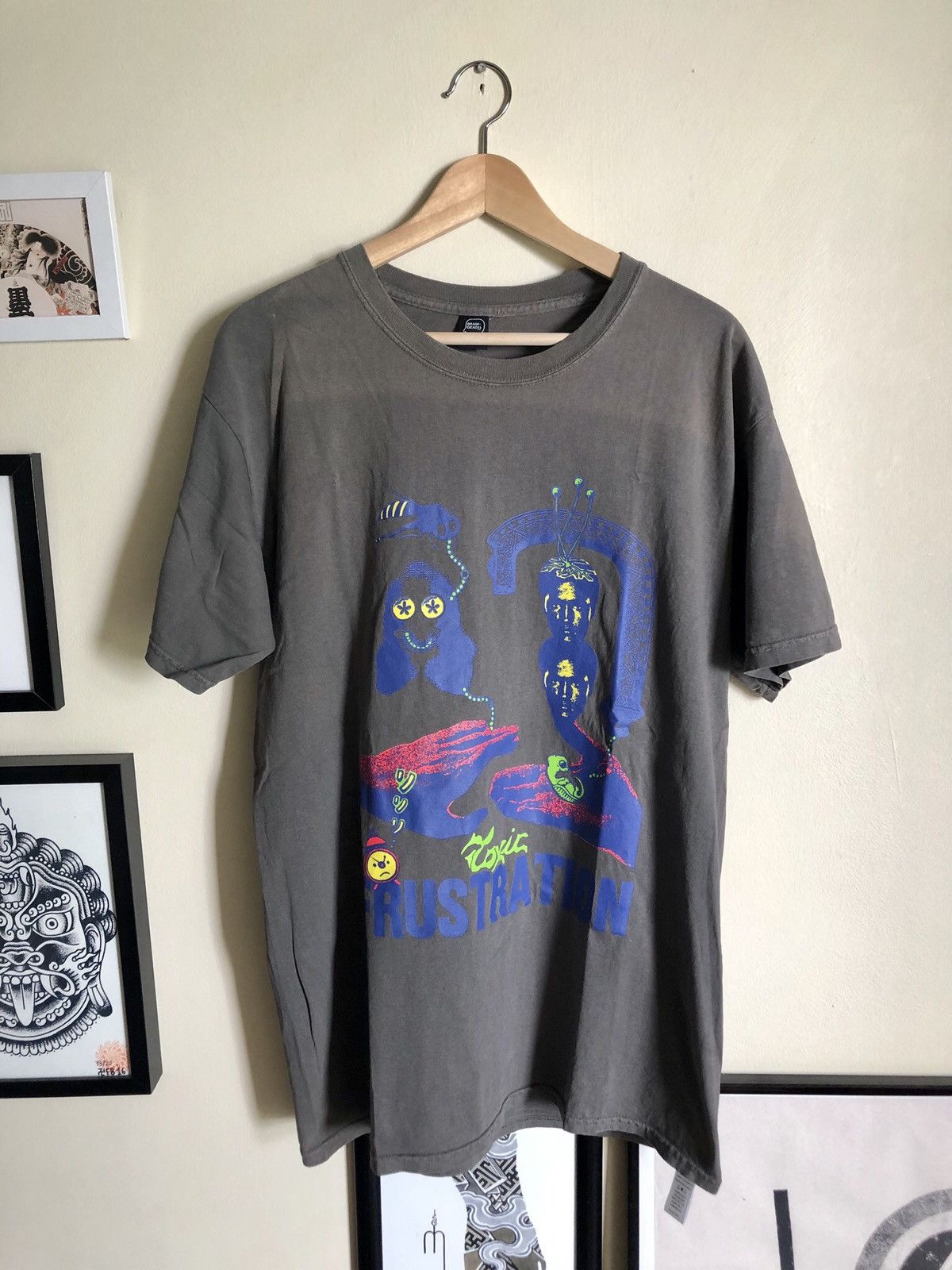 image of Brain Dead Toxic Frustration Sketch Art T-Shirt in Grey, Men's (Size Large)