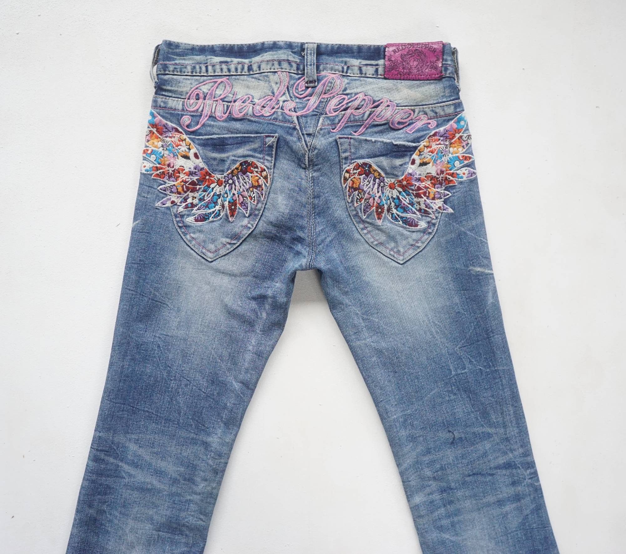 image of Red Pepper Stretchable Low Rise Embroidered Flare Jeans in Blue, Women's (Size 28)