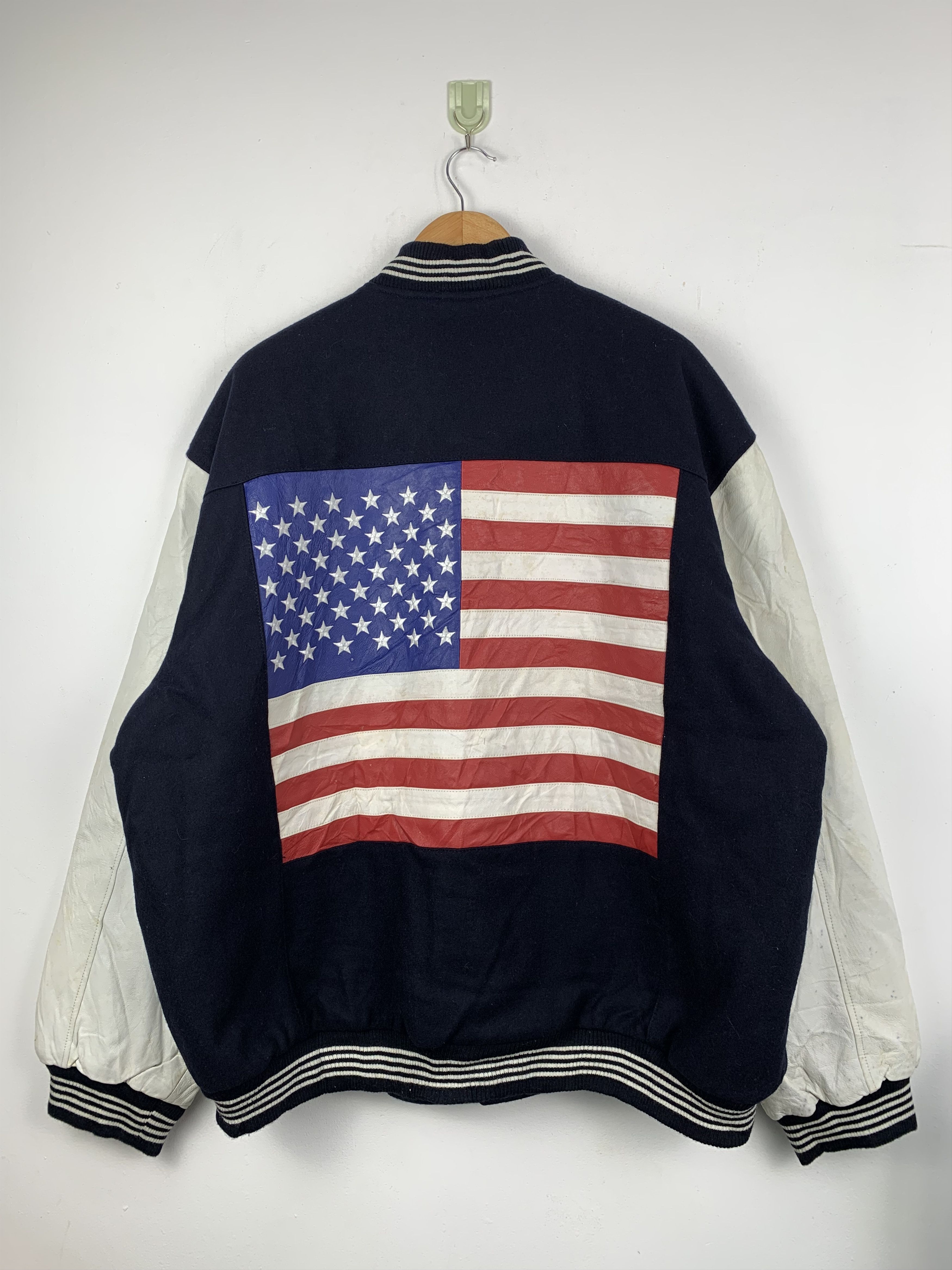 image of Vintage American Flag Sleeve Leather Varsity Jacket in Blue, Men's (Size 2XL)