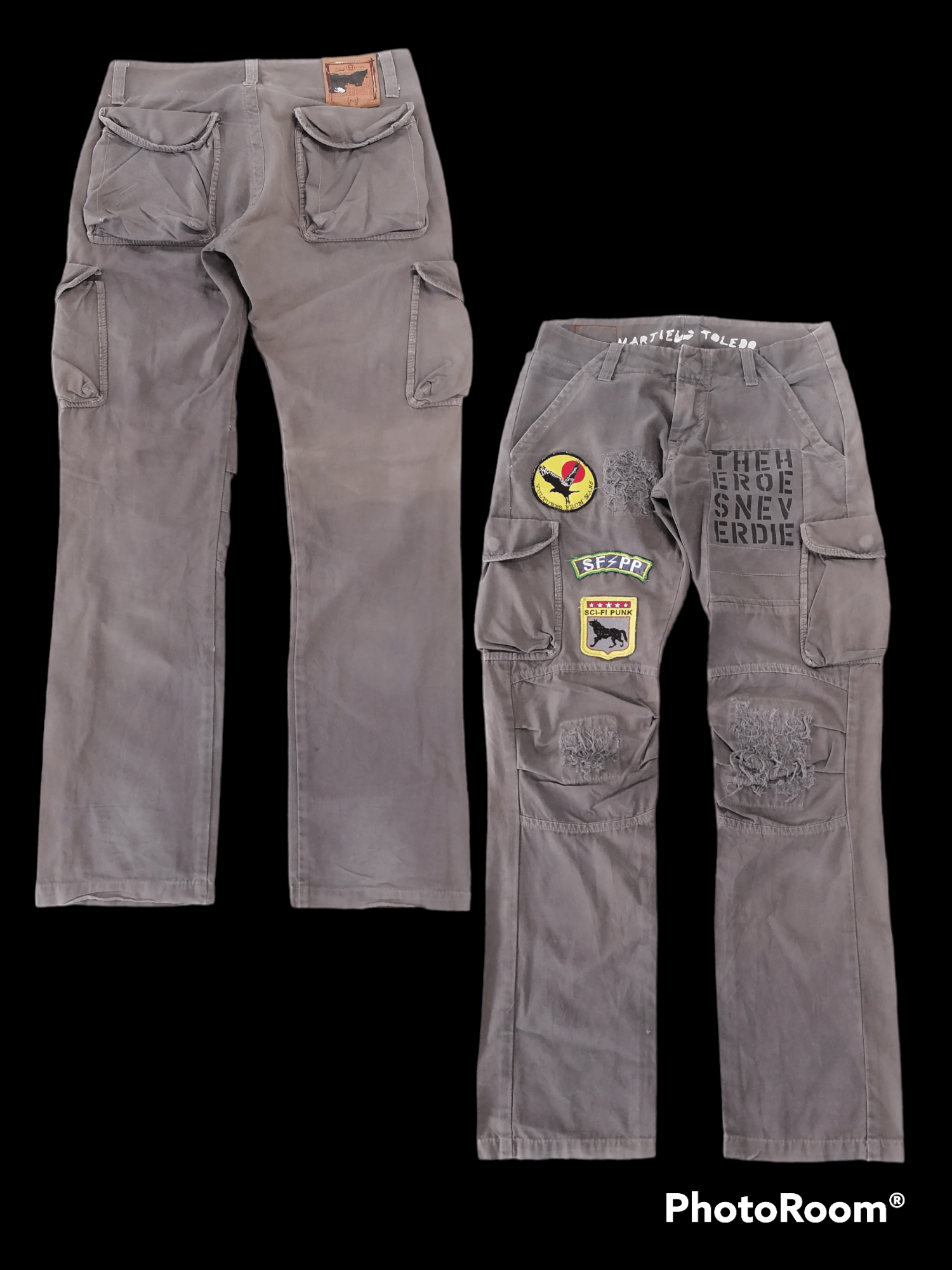 image of Distressed Denim Martielo Toledo Sun Faded Grey Distressed Cargo Pants, Men's (Size 30)