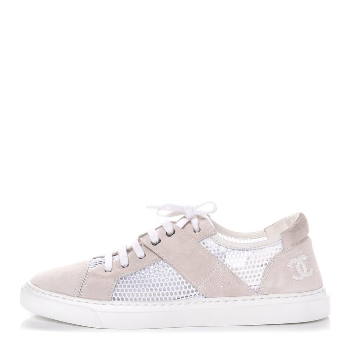 Chanel Mesh Suede Calfskin Grained Calfskin CC Sneakers White