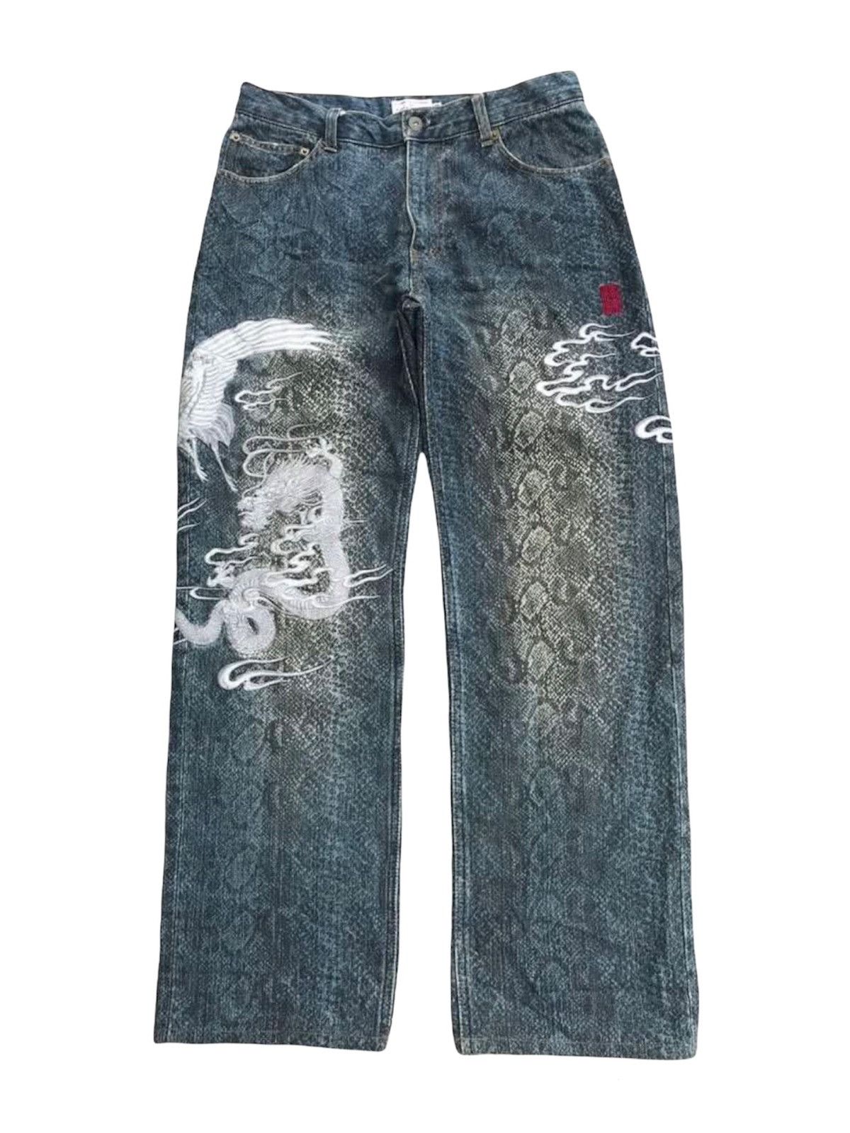 Image of Sukajan Souvenir Jacket x Vintage Karakuri Dragon Embroidered Snake Skin Denim, Men's (Size 31)